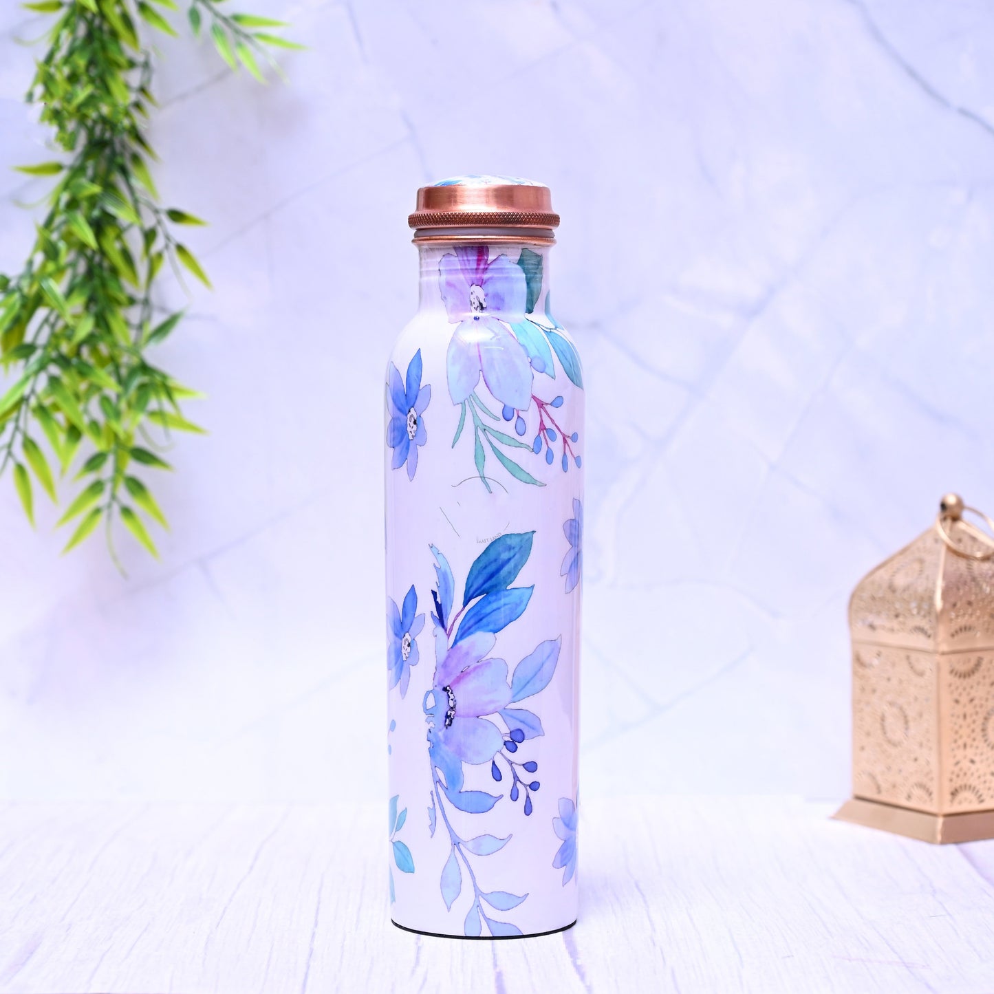 Pure Copper Blue Flower Printed Water Bottle with Leak Proof Capacity 1000 ML.