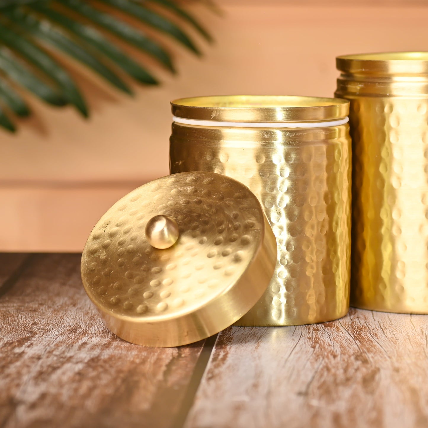 Handcrafted Brass Hammered Storage Jars with Lids – Set of 3 | Premium 99.9% Certified Brass, Artisan & Sustainable – Image 4