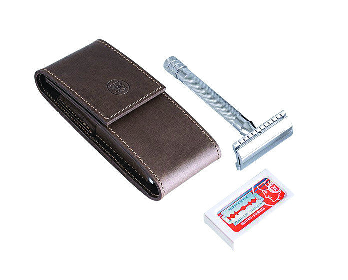 DOVO Solingen Travel Shave Set - Merkur Razor & Khaki Leather Pouch