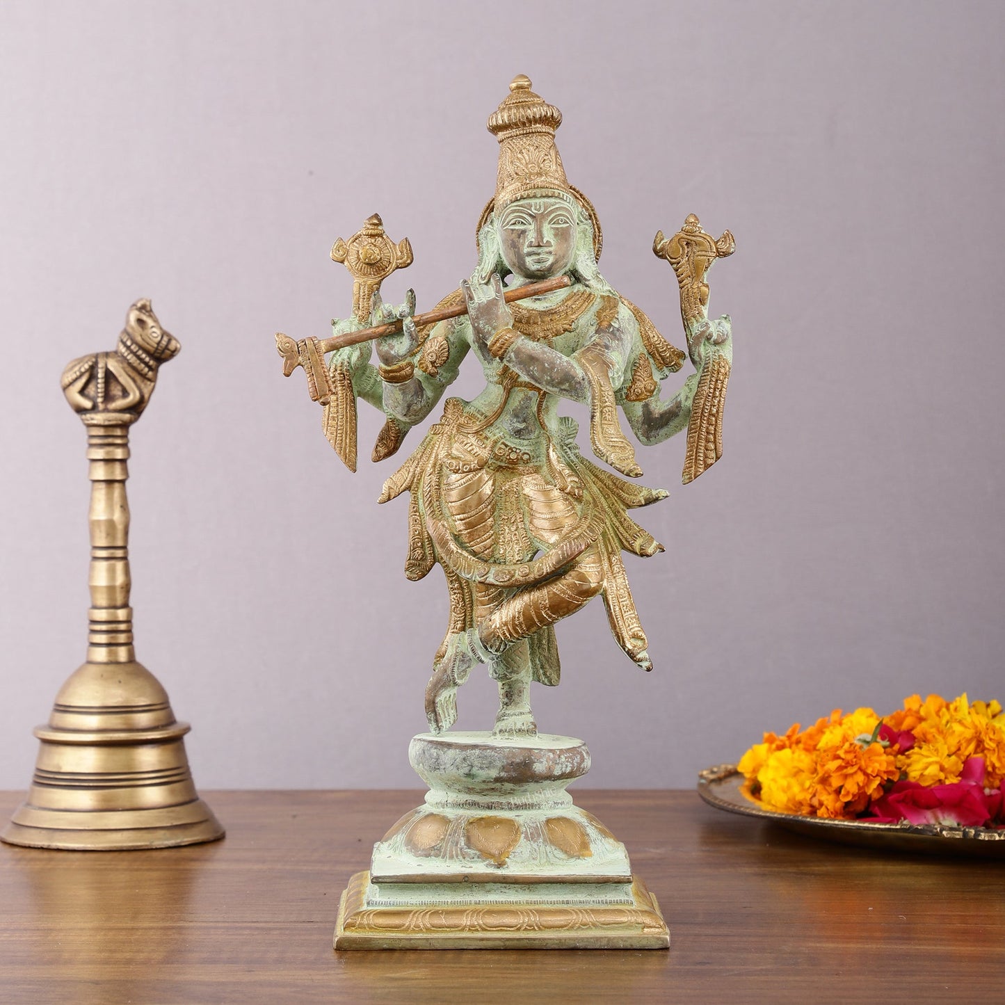 Pure Brass Krishna Roopam Vishnu Sculpture - Sand Blast Finish | 12" - Sama Homes Idol - Brass Sculpture