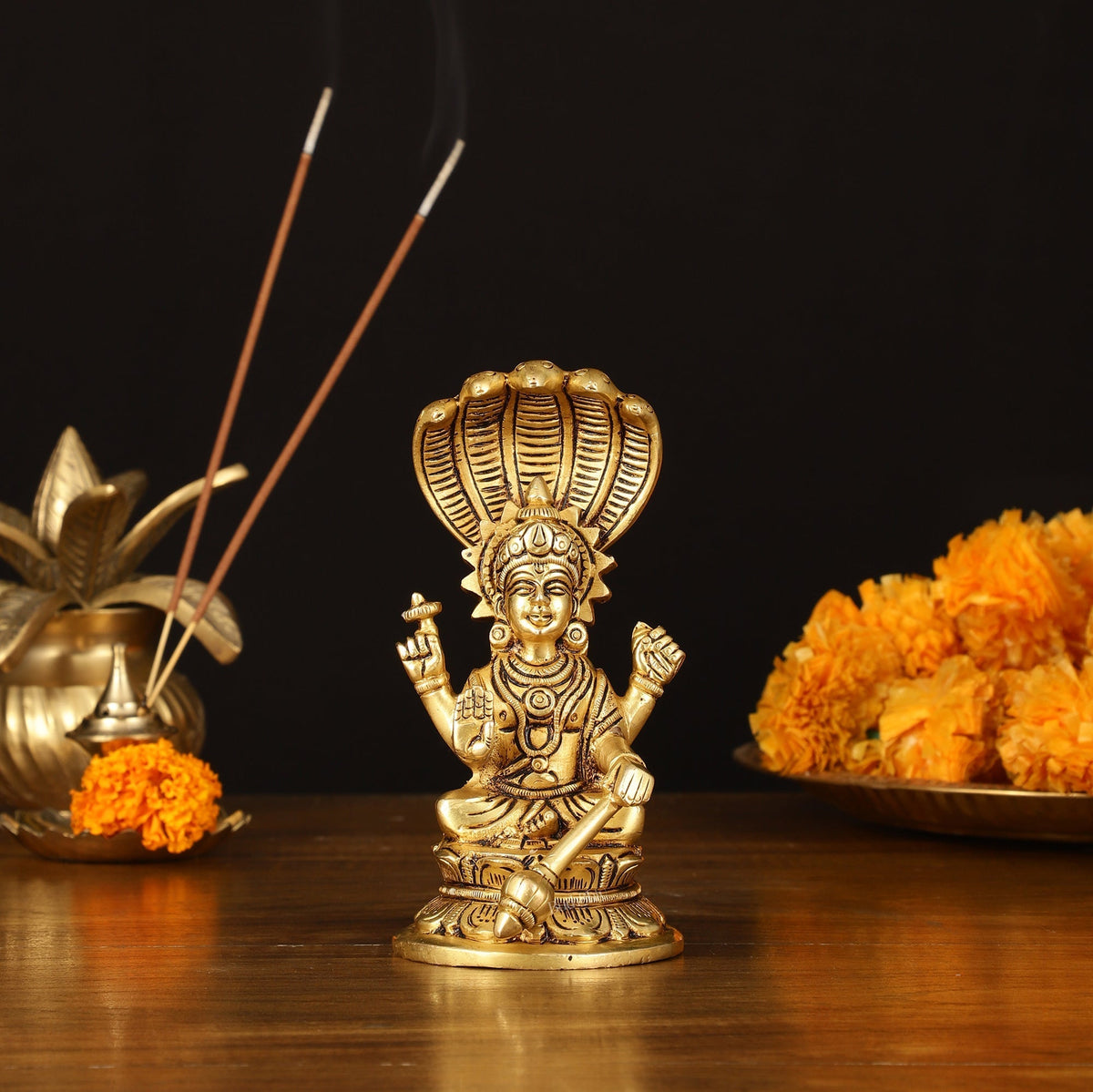 Brass Superfine Vishnu Sitting with Sheshanaaga - 6" Divine Sculpture - Sama Homes Idol - Brass Sculpture