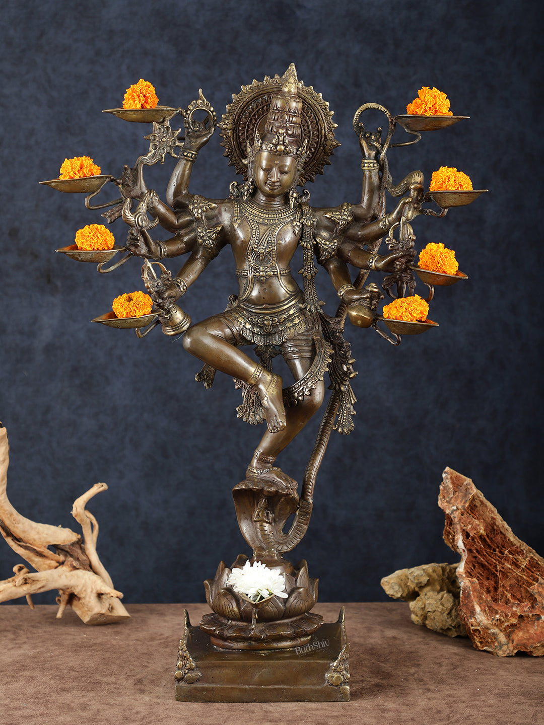 Balinese Bronze Kalinga Daman Narthana Krishna Sculpture – 26" Height, Lost Wax Casting | 100% Certified Copper & Brass - Sama Homes Idol - Brass Sculpture