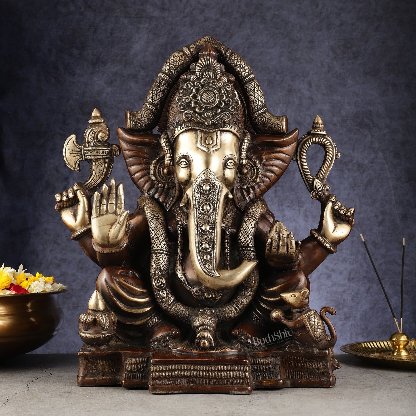 Rare Vinayaka Statue: Pure Brass with Antique Tone | 18.5 inch - Sama Homes Idol - Brass Sculpture