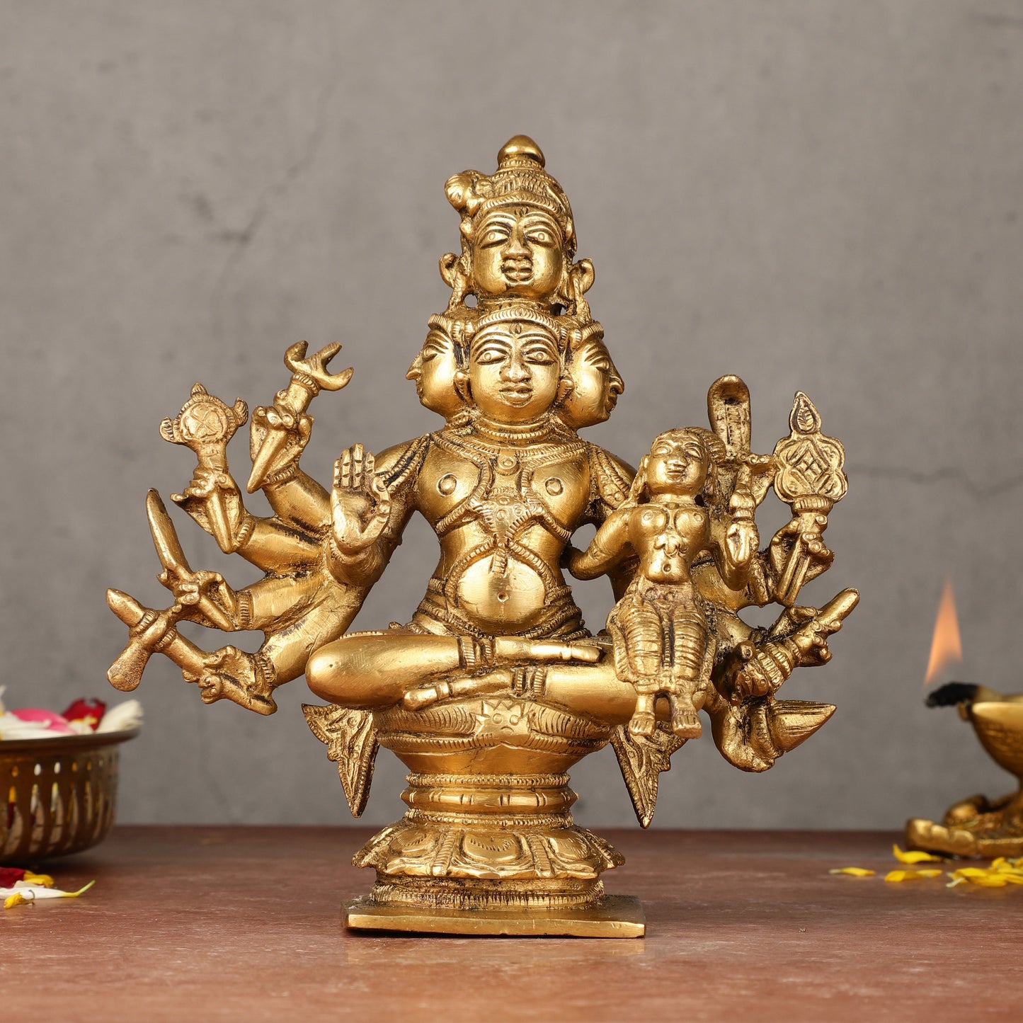 Superfine Brass Sadashiva Panchmukhi Shiva Idol - 6.5 - Sama Homes Idol - Brass Sculpture