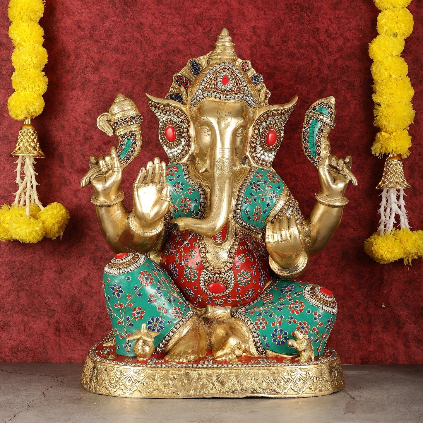 Pure Brass Right-Side Trunk Ganapati Statue - 22-Inch - Sama Homes Idol - Brass Sculpture