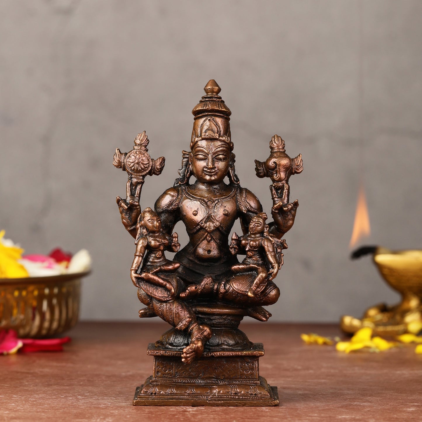 Pure Copper Lord Vishnu with Bhoodevi and Sridevi Idol - 4.5-inch - Sama Homes Idol - Brass Sculpture
