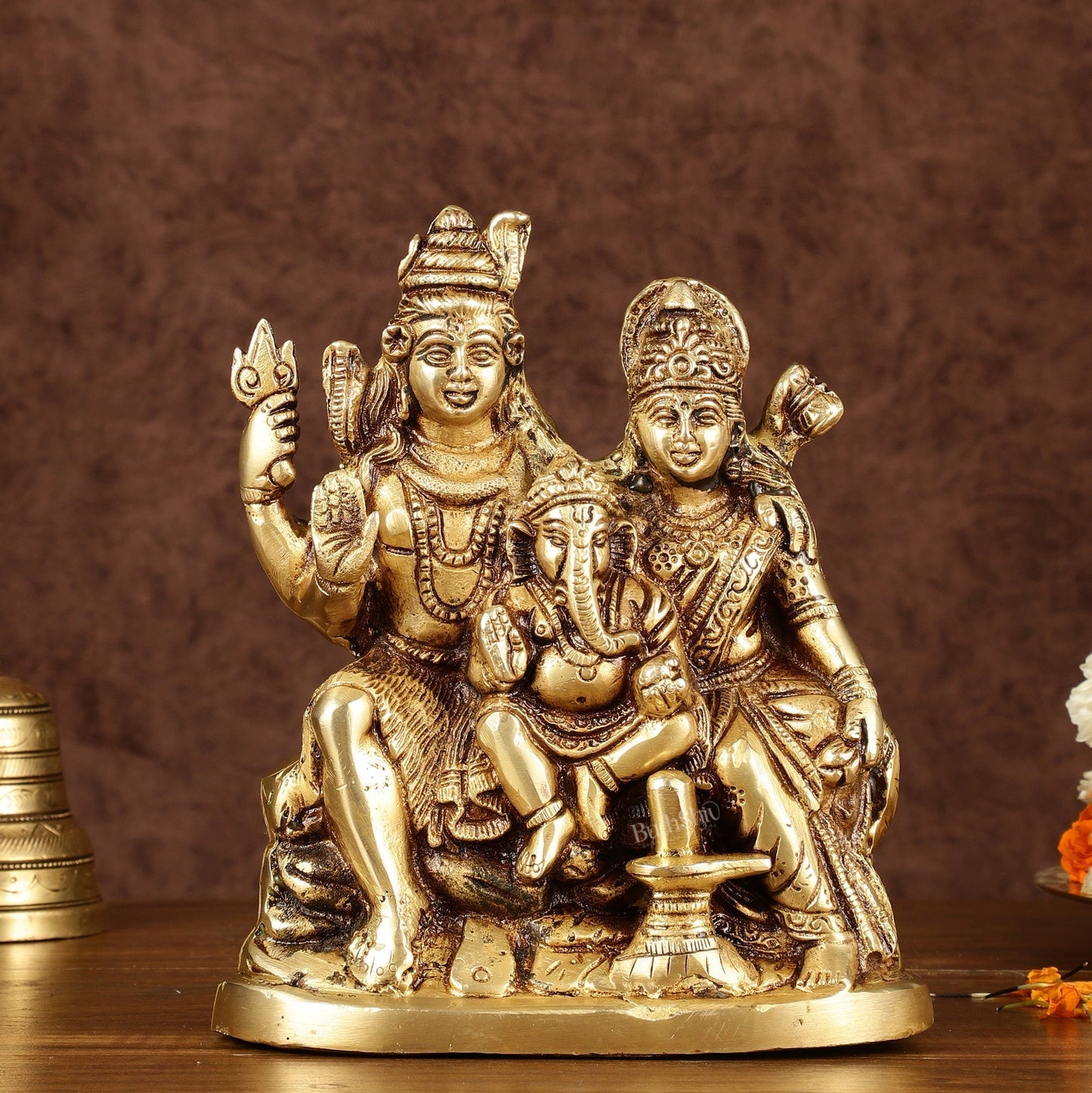 Brass Shiv Parivar Idol with Shiv Parvati, Ganesha, and Shiv Ling | Height: 8 inch | 100% Certified Copper & Brass - Sama Homes Idol - Brass Sculpture