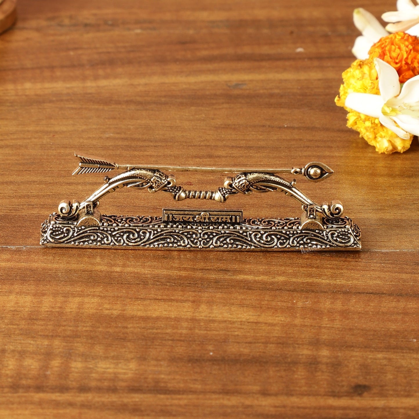 Pure Brass Superfine Ram Dhanush with Jai Shri Ram Carvings - 4 Inch - Sama Homes Idol - Brass Sculpture