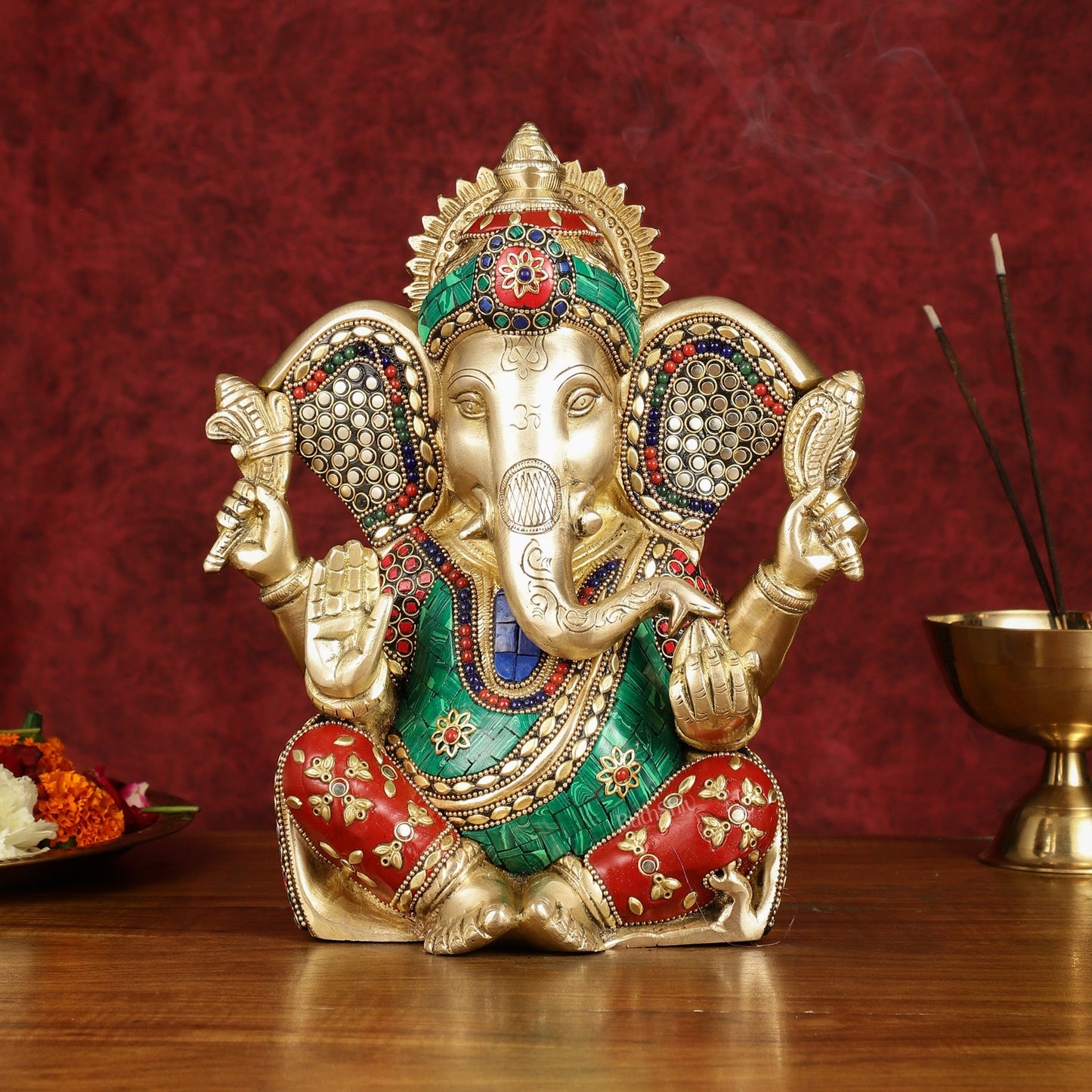 Divine Brass Lord Ganesha Statue with Meenakari Stonework and Big Ears - 10" - Sama Homes Idol - Brass Sculpture