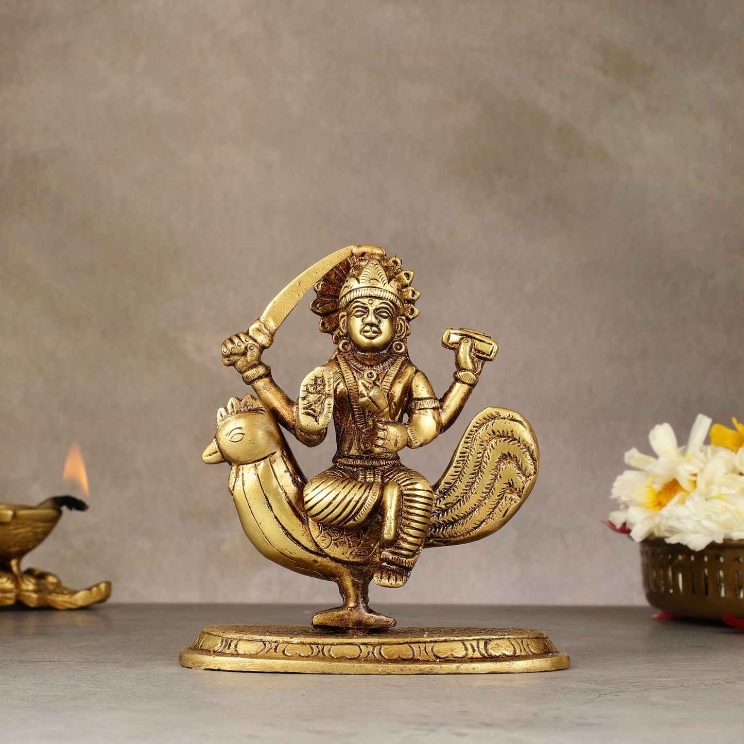 Pure Brass Bahuchar Mata Sitting on Hen Idol - 5" - Sama Homes Idol - Brass Sculpture