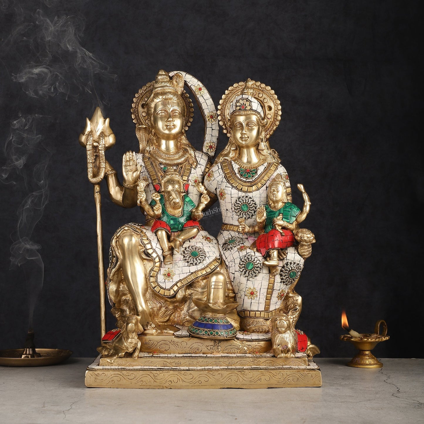 Handcrafted Brass Lord Shiva Family Statue - Meenakari | 18" Height - Sama Homes Idol - Brass Sculpture