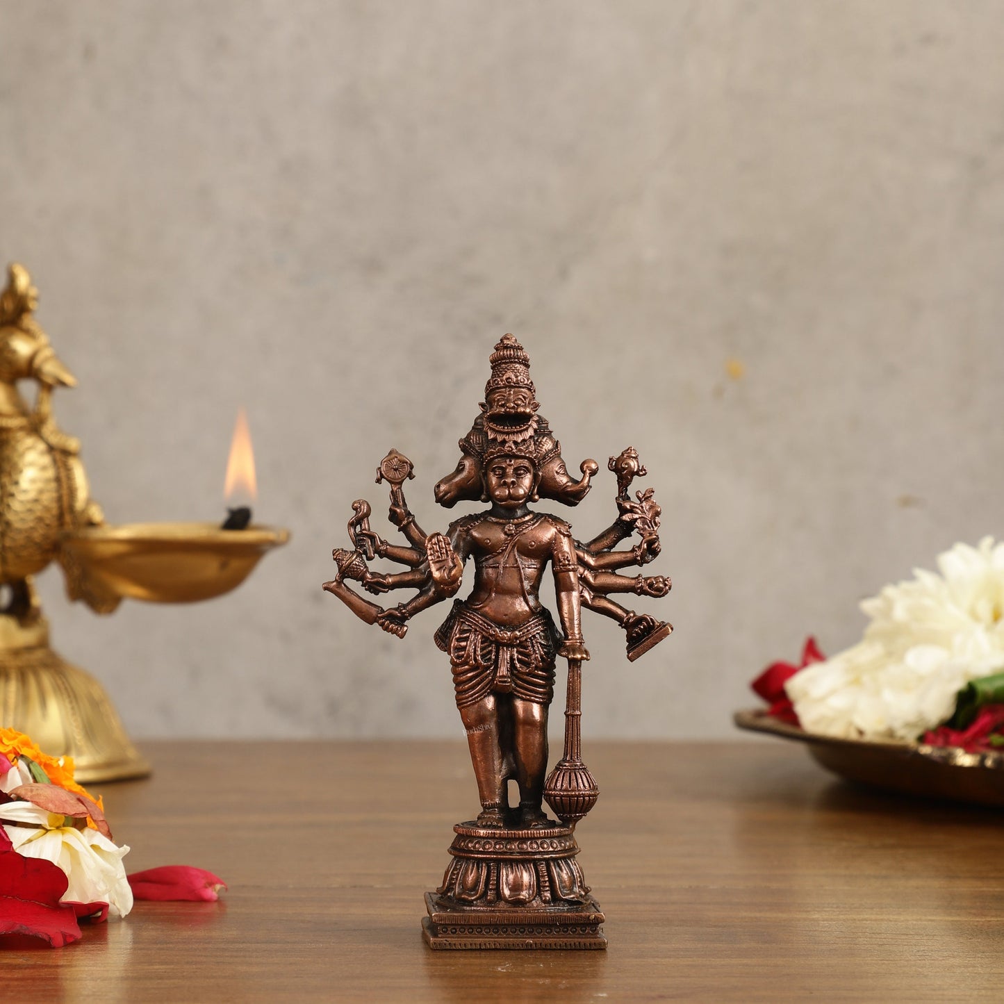 Pure Copper Standing Panchmukhi Hanuman Ji Idol - 4.5 in Height - Sama Homes Idol - Brass Sculpture