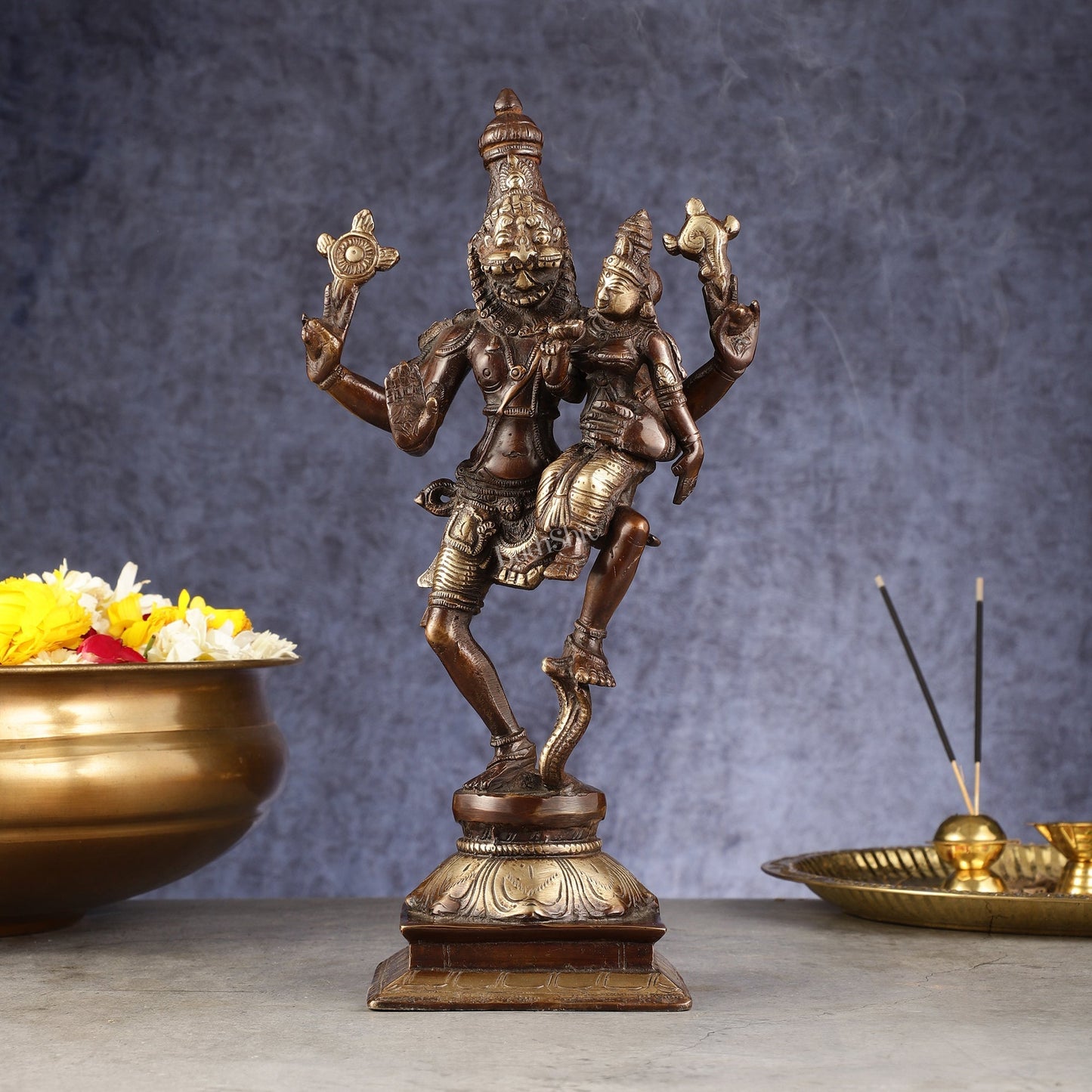Pure Brass Lord Narsimha with Devi Lakshmi Idol - 12" Chola wash - Sama Homes Idol - Brass Sculpture
