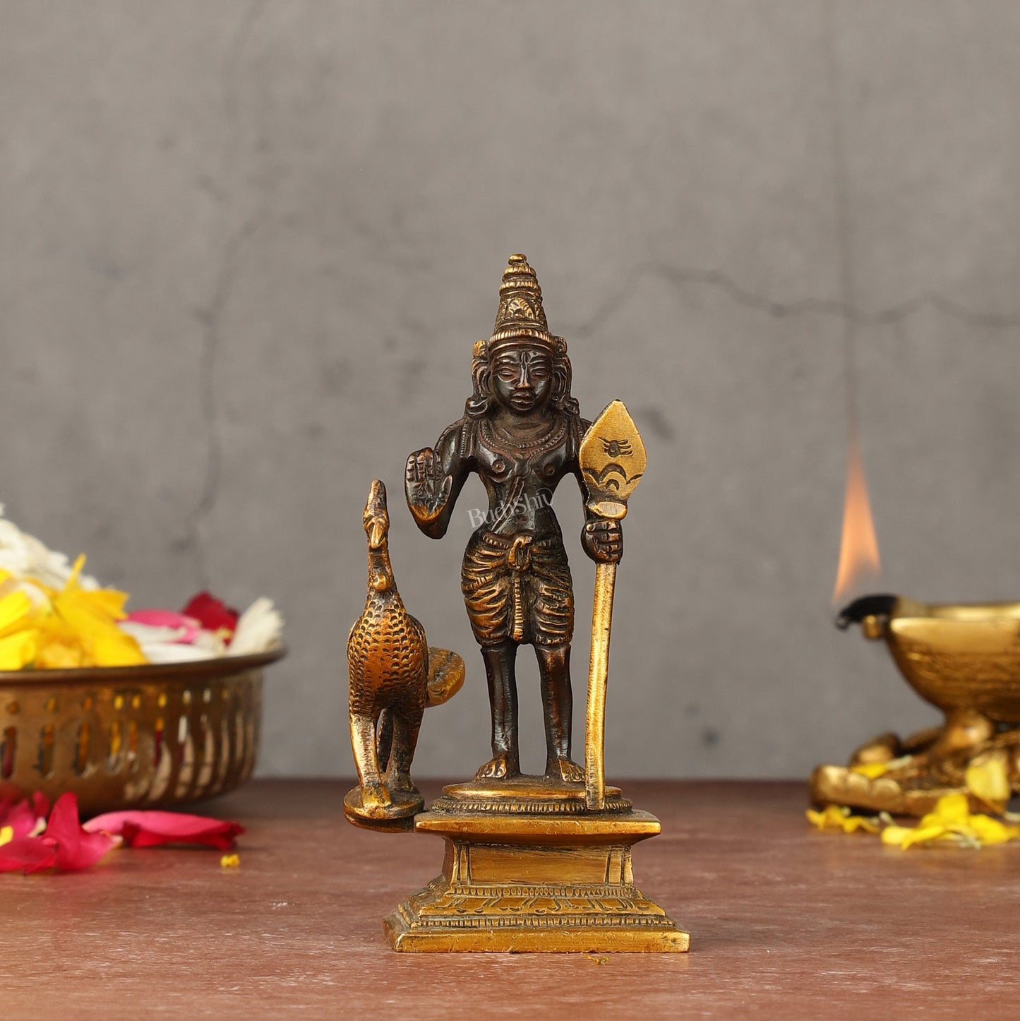 Pure brass small Murugan Kartikeya idol black 5.5 inch - Sama Homes Idol - Brass Sculpture