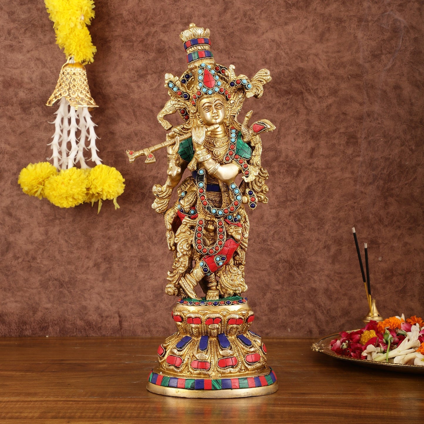 Intricately Crafted Brass Krishna Idol with Stonework - 15" - Sama Homes Idol - Brass Sculpture