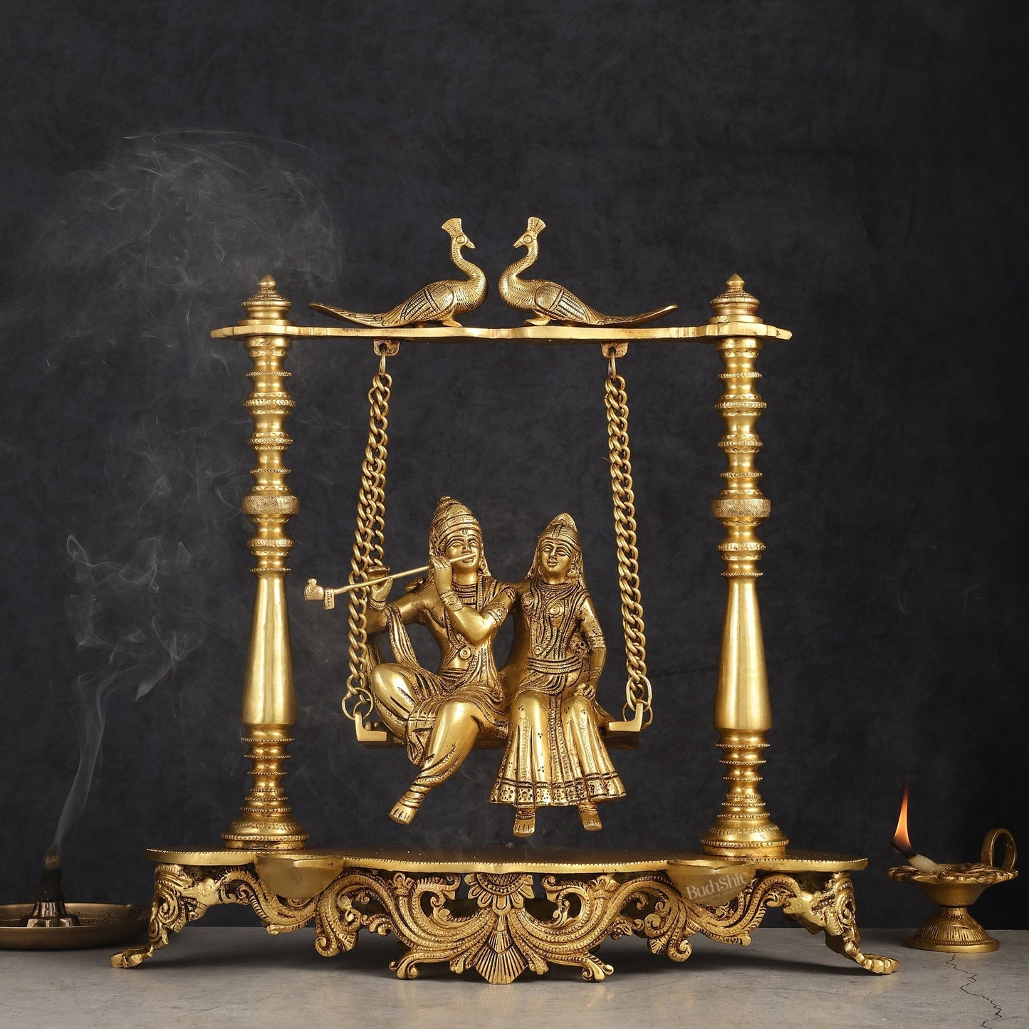 Pure Brass Radha Krishna Swing Jhoola 16" - Sama Homes Idol - Brass Sculpture