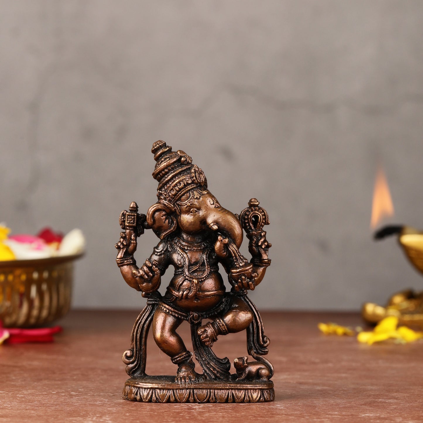 Pure Copper Dancing Ganesha idol - 3-inch - Sama Homes Idol - Brass Sculpture