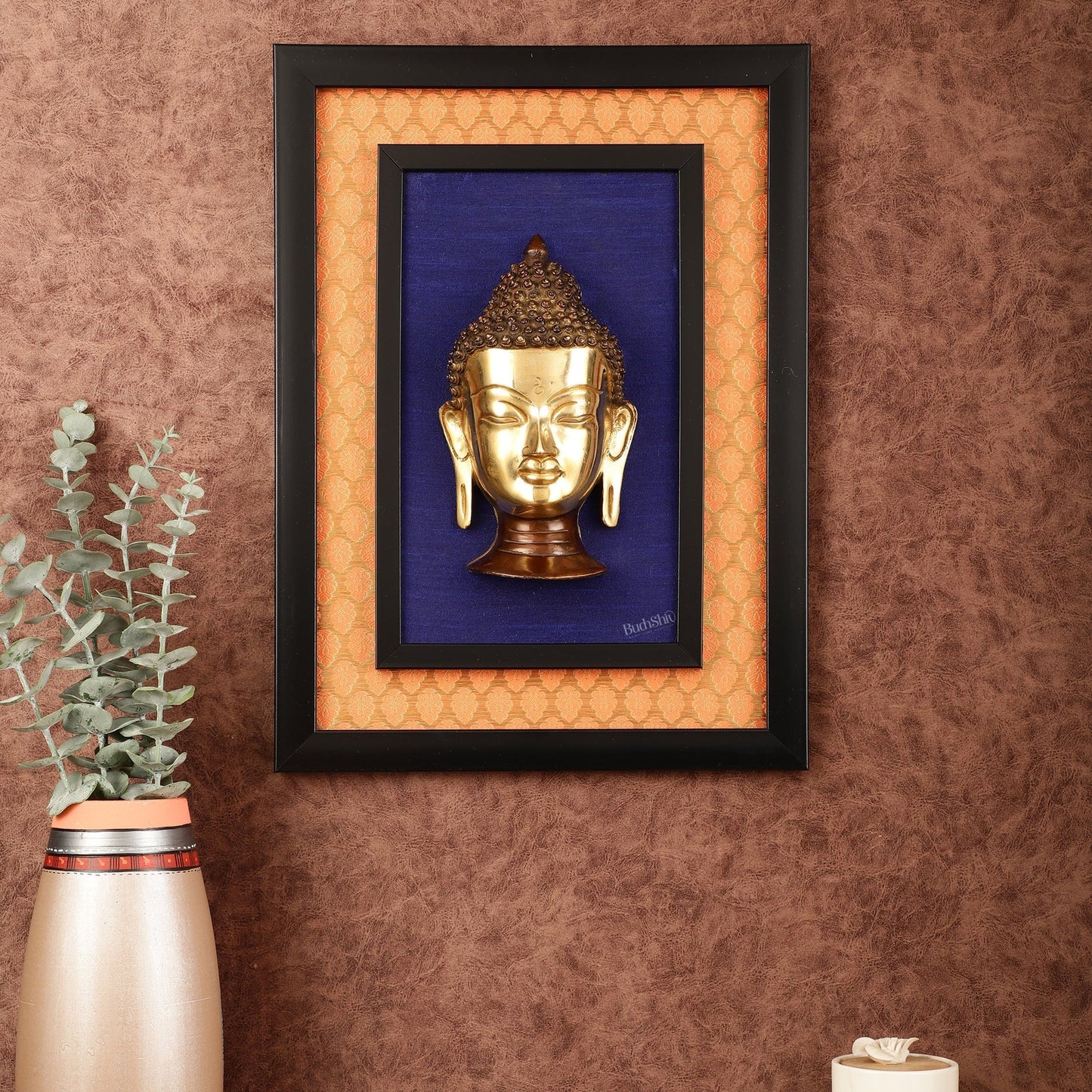 Brass Buddha Face Wall Hanging on Wooden Frame with Premium Fabric - 16.5" x 12" | 100% Certified Copper & Brass - Sama Homes Idol - Brass Sculpture