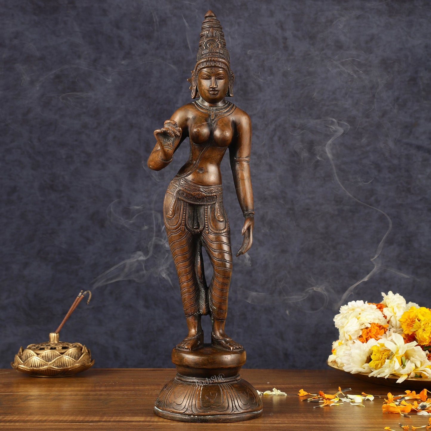 Pure Brass Standing Uma Parvati Idol with Chola Finish 18 inch - Sama Homes Idol - Brass Sculpture