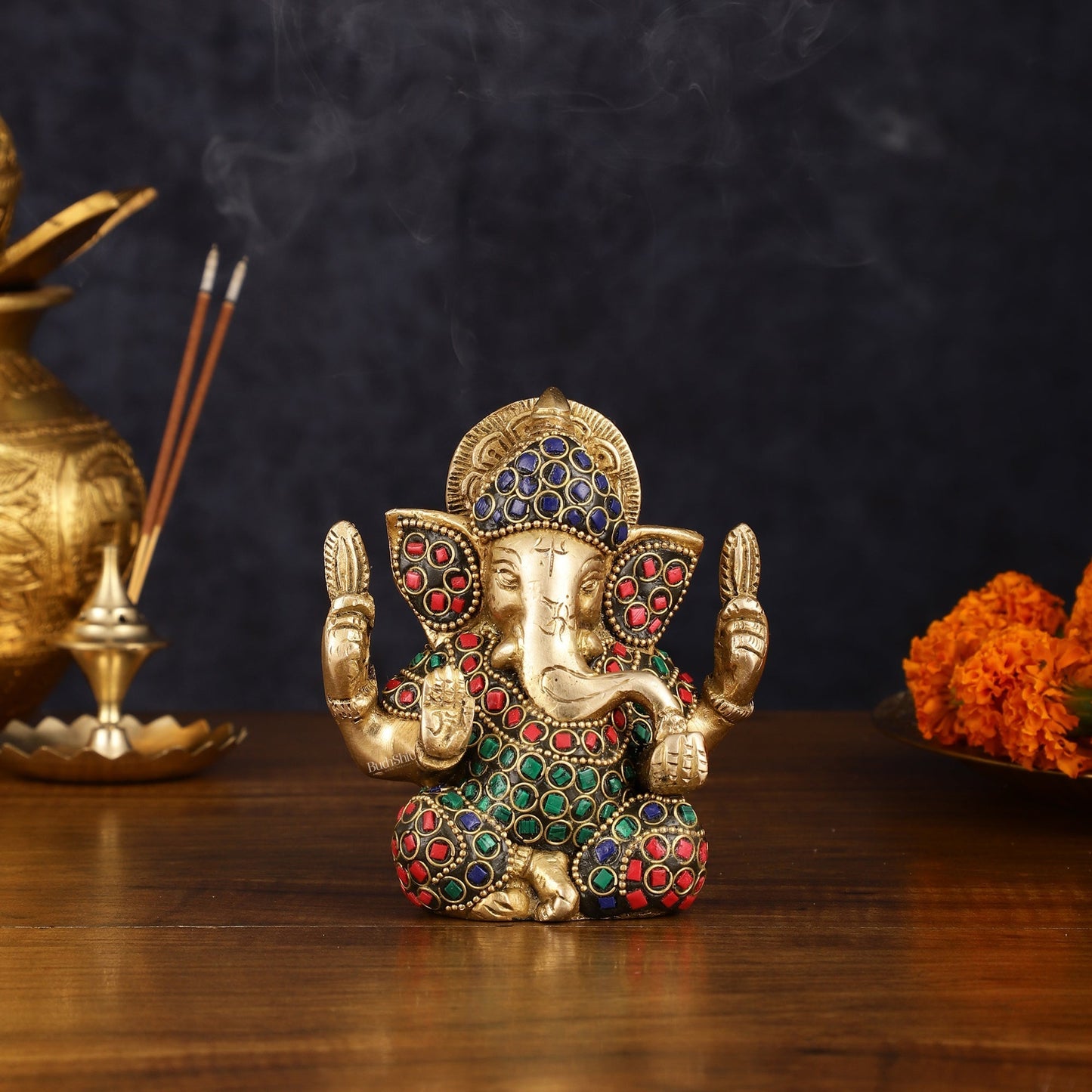 Handcrafted Pure Brass Ganesha Idol with Meenakari Artistry and Natural Stones, 5" - Sama Homes Idol - Brass Sculpture