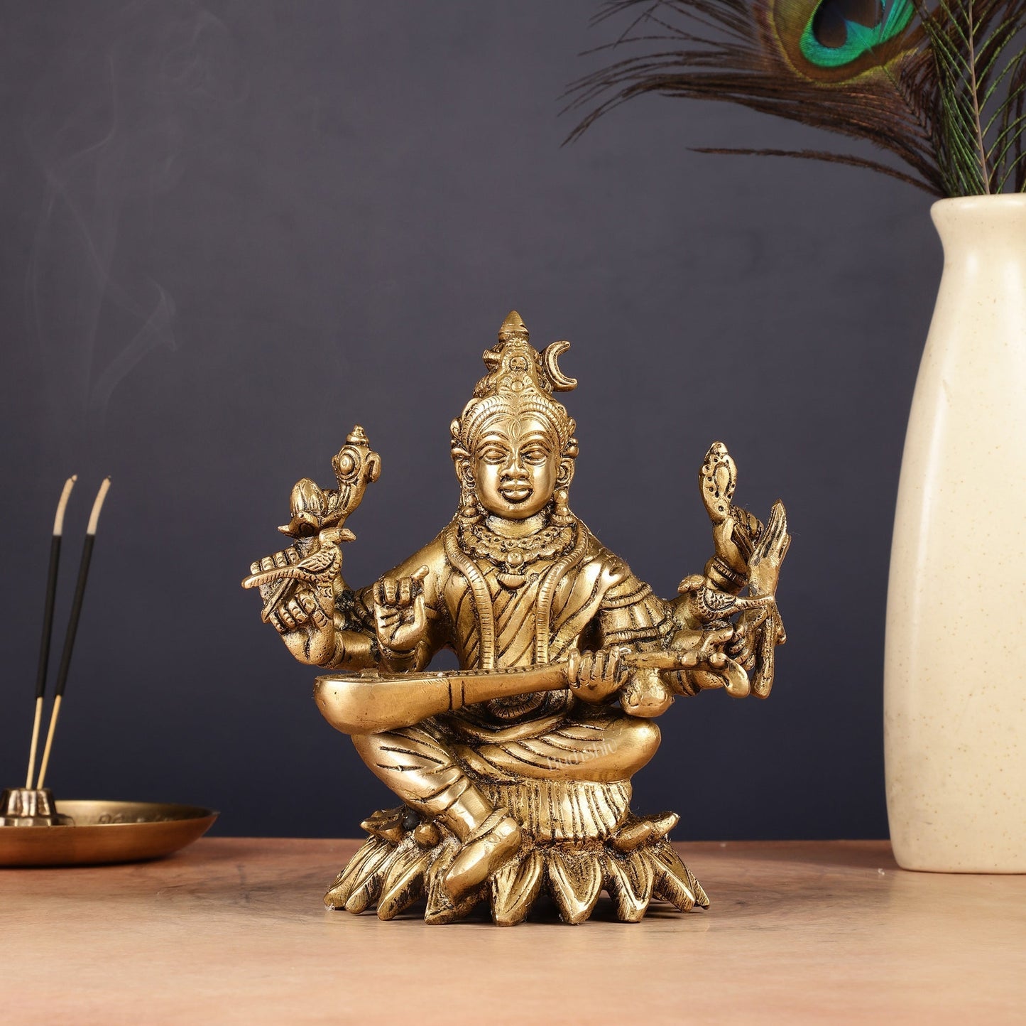 Pure Brass Raja Shyamala Devi Matangi Saraswati Idol with Eight Arms 7" - Sama Homes Idol - Brass Sculpture