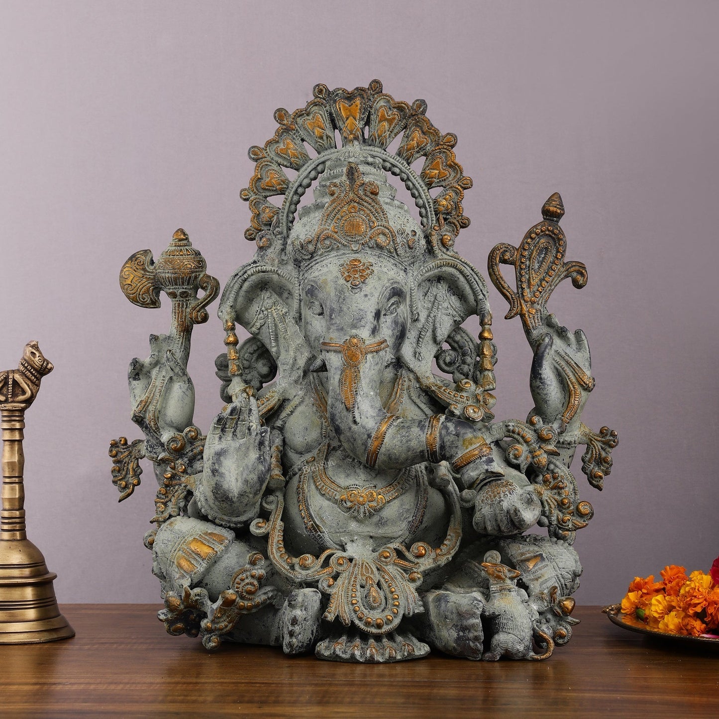 Vintage Brass Ganapati Welcome Statue with Green Henna Sand Finish - 17" - Sama Homes Idol - Brass Sculpture