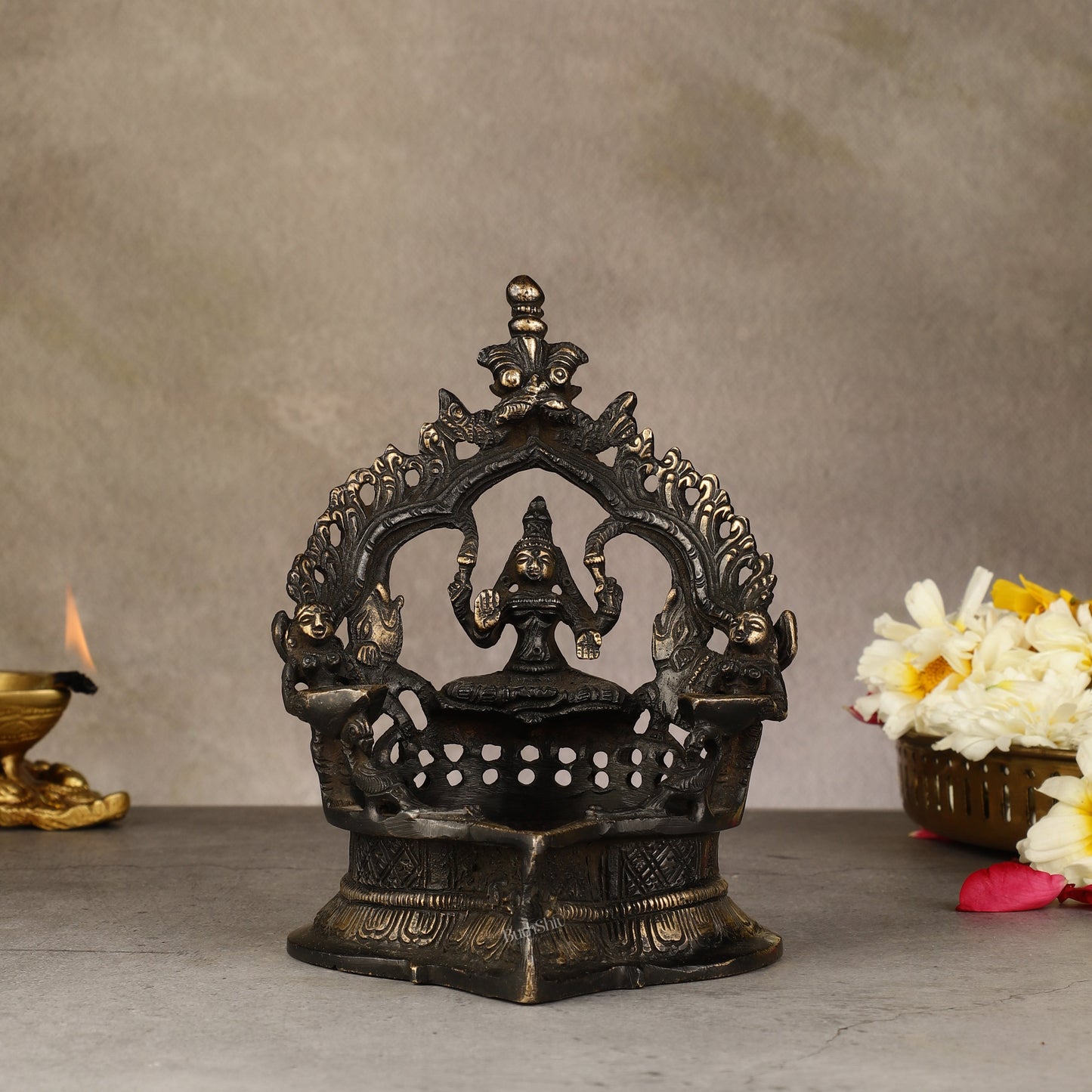 Pure Brass Antique Gajalakshmi Lamp with Deep Lady - 6.5" - Sama Homes Idol - Brass Sculpture