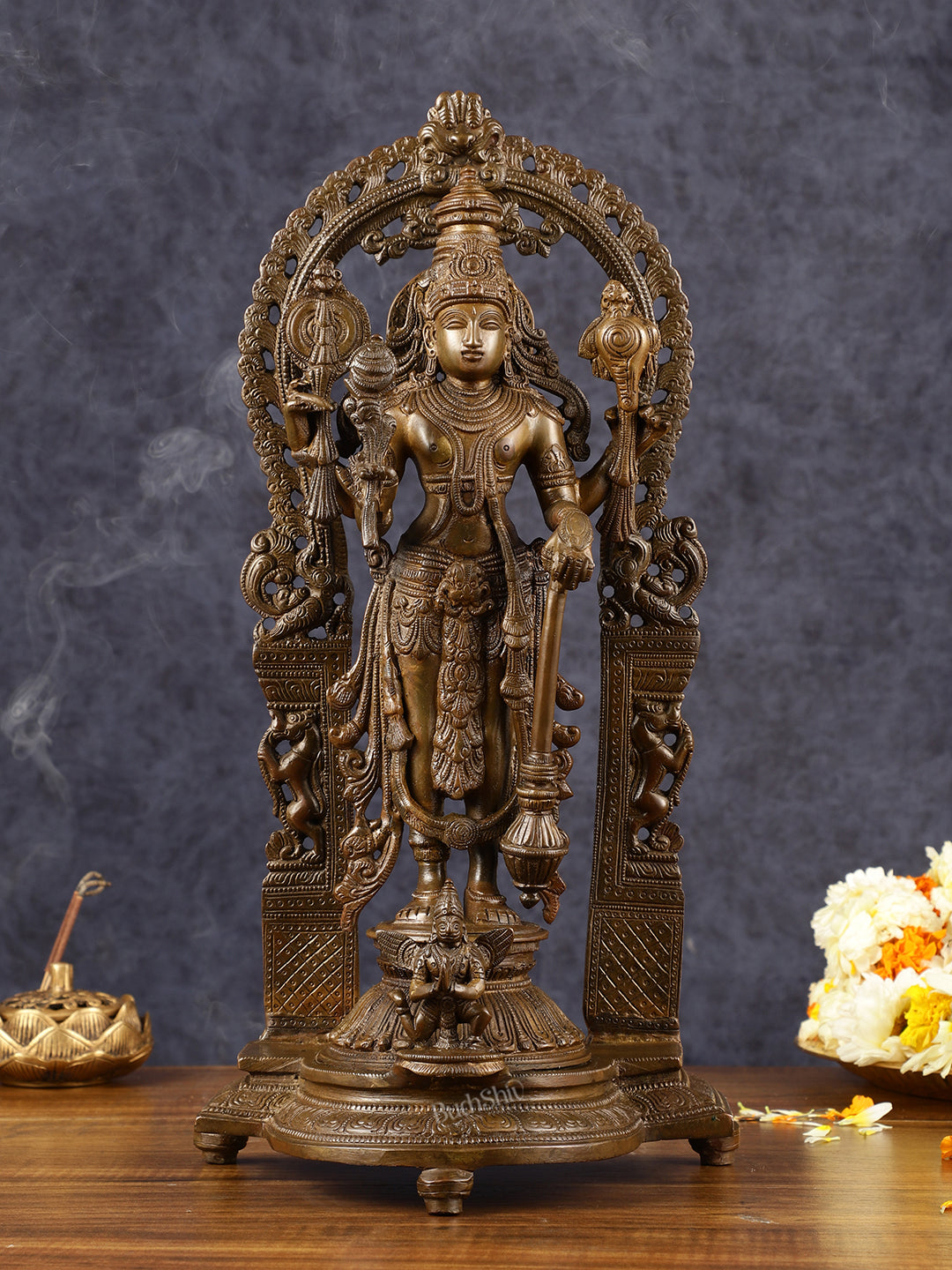 Antique Chola Style Pure Brass Lord Vishnu Statue with Garuda | 16 inches | 100% Certified Copper & Brass - Sama Homes Idol - Brass Sculpture