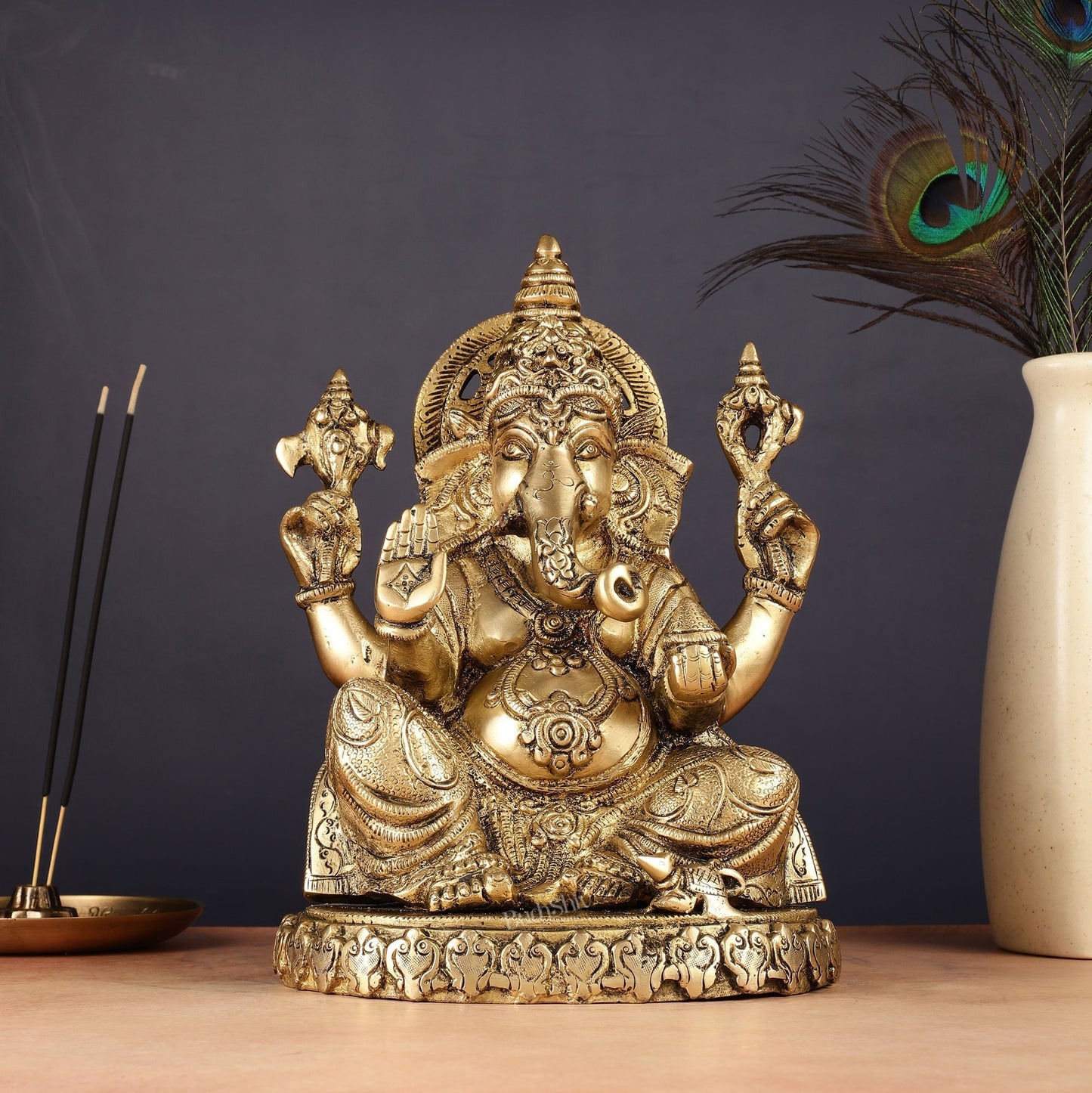 Brass Lord Ganesha Statue with Oval Base 10" | 100% Certified Copper & Brass - Sama Homes Idol - Brass Sculpture