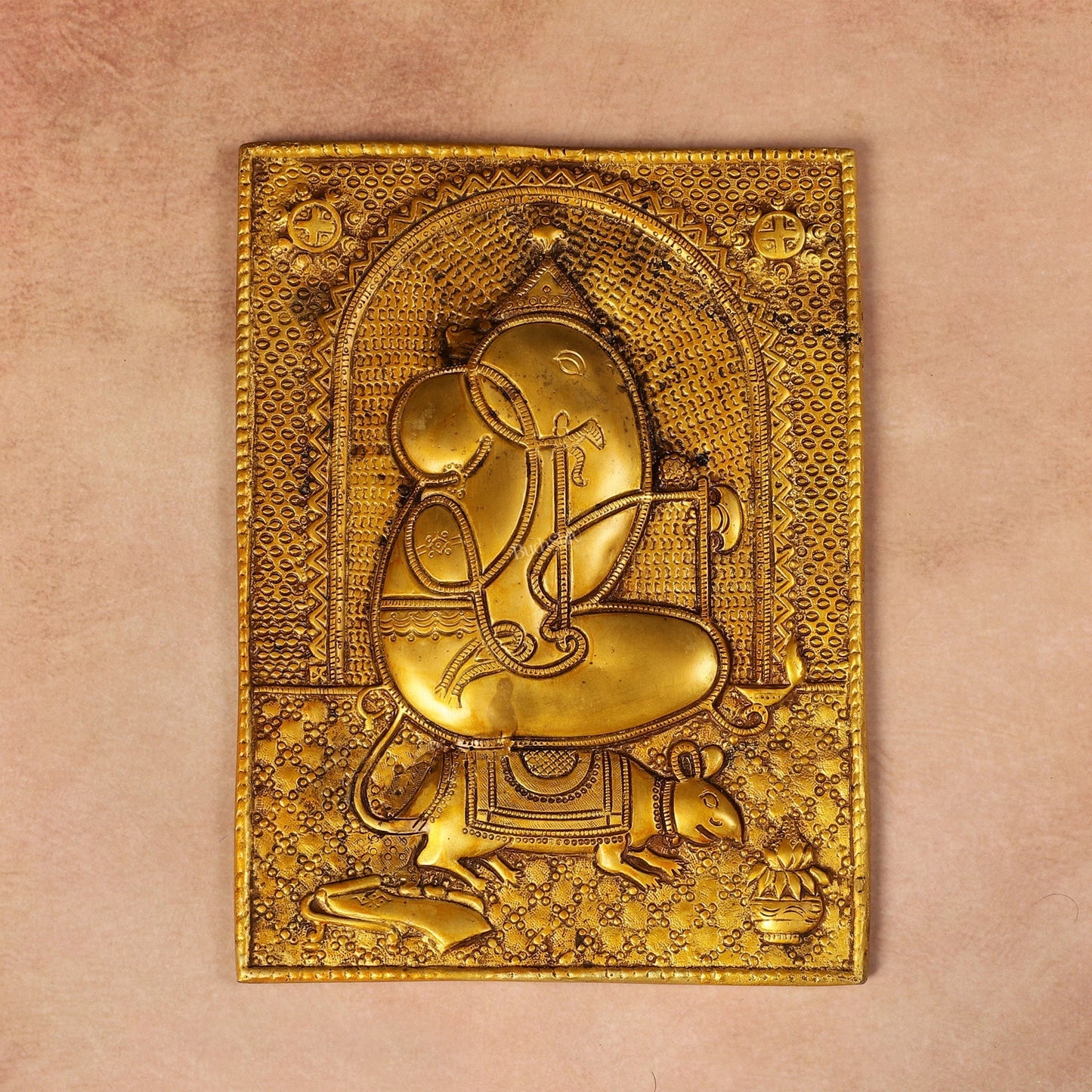 Exquisite 11.5-Inch Pure Brass Ganapati with Mooshak Wall Hanging - Sama Homes Idol - Brass Sculpture