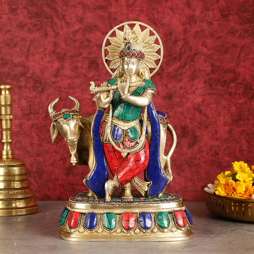 Exquisite Brass Lord Krishna Statue with cow idol 9" - Sama Homes Idol - Brass Sculpture