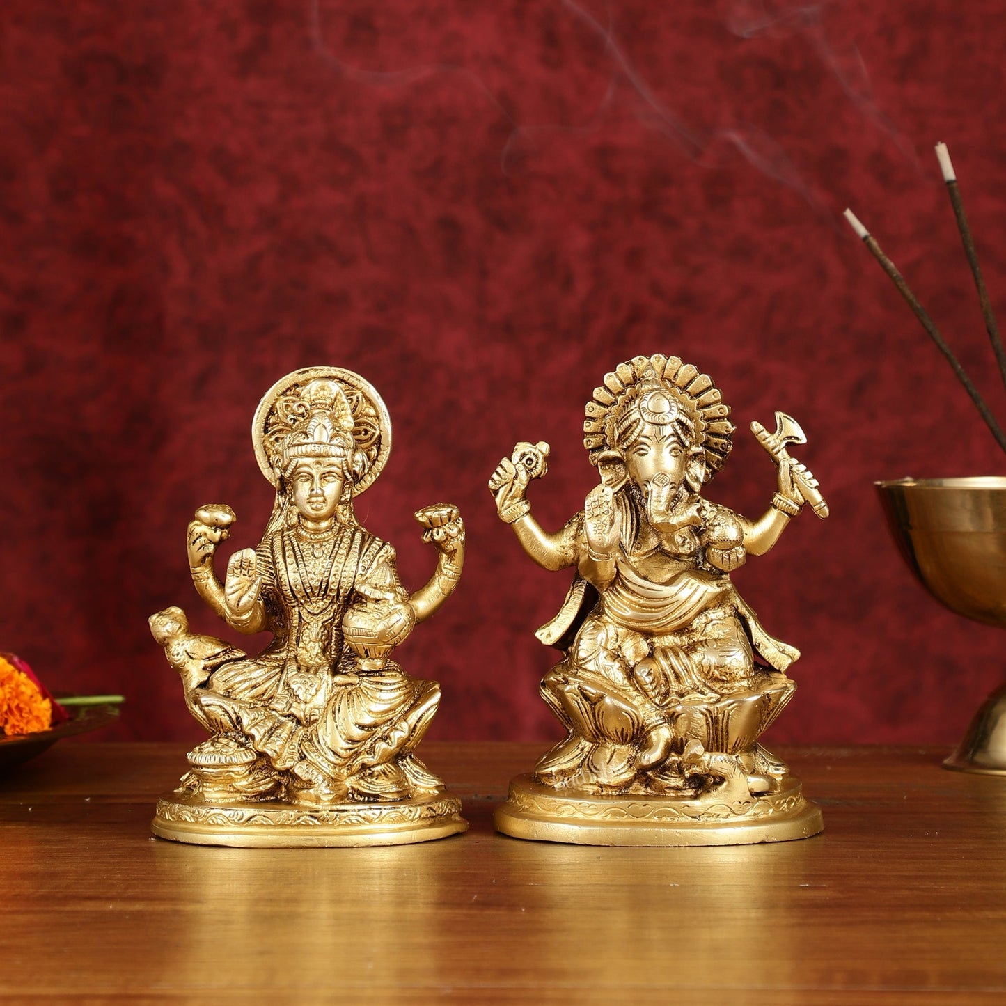 Ganesha Lakshmi Brass Idol Set - 5" antique tone - Sama Homes Idol - Brass Sculpture
