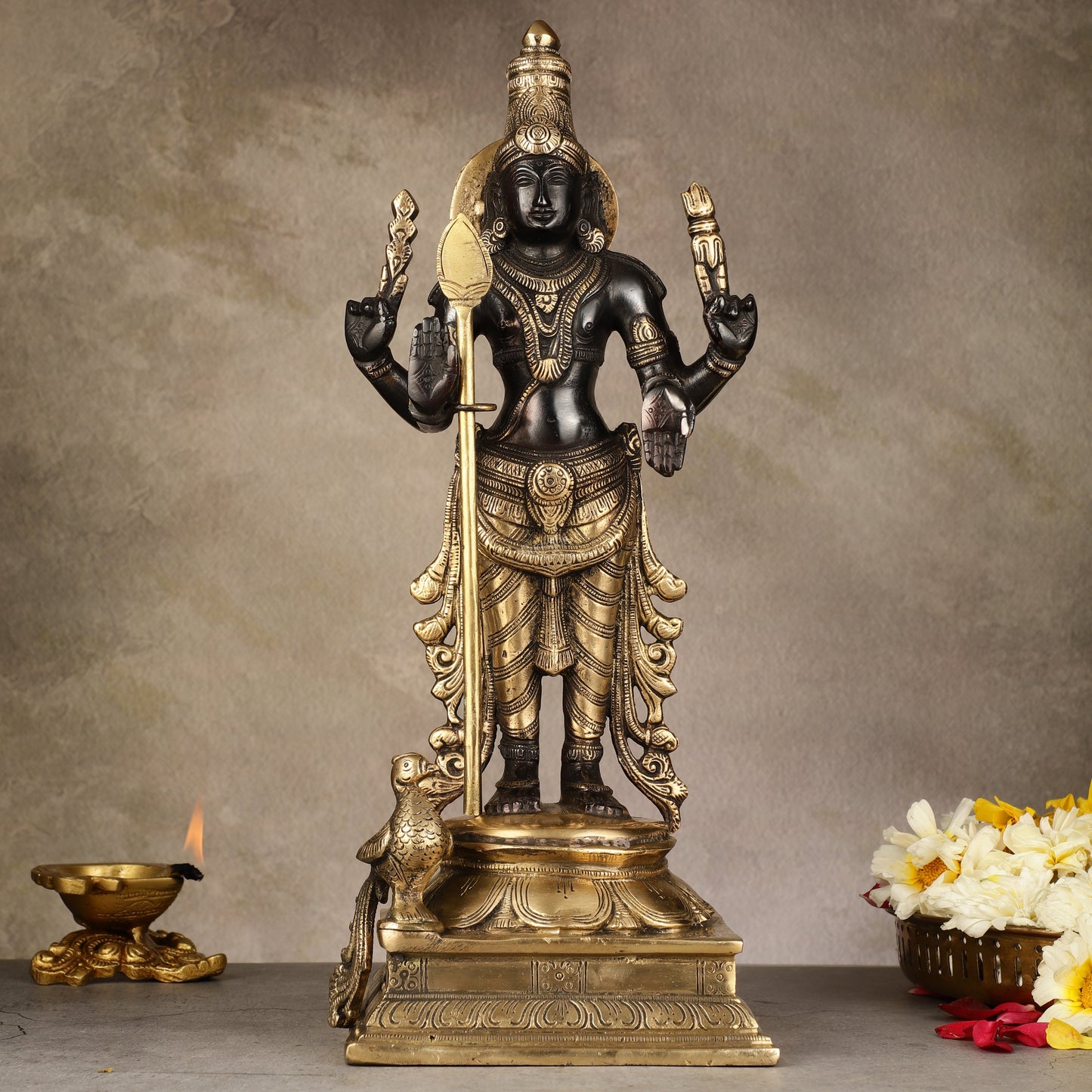 Pure Brass Kartikeya Murugan Swamy Statue - 14 inch - Sama Homes Idol - Brass Sculpture