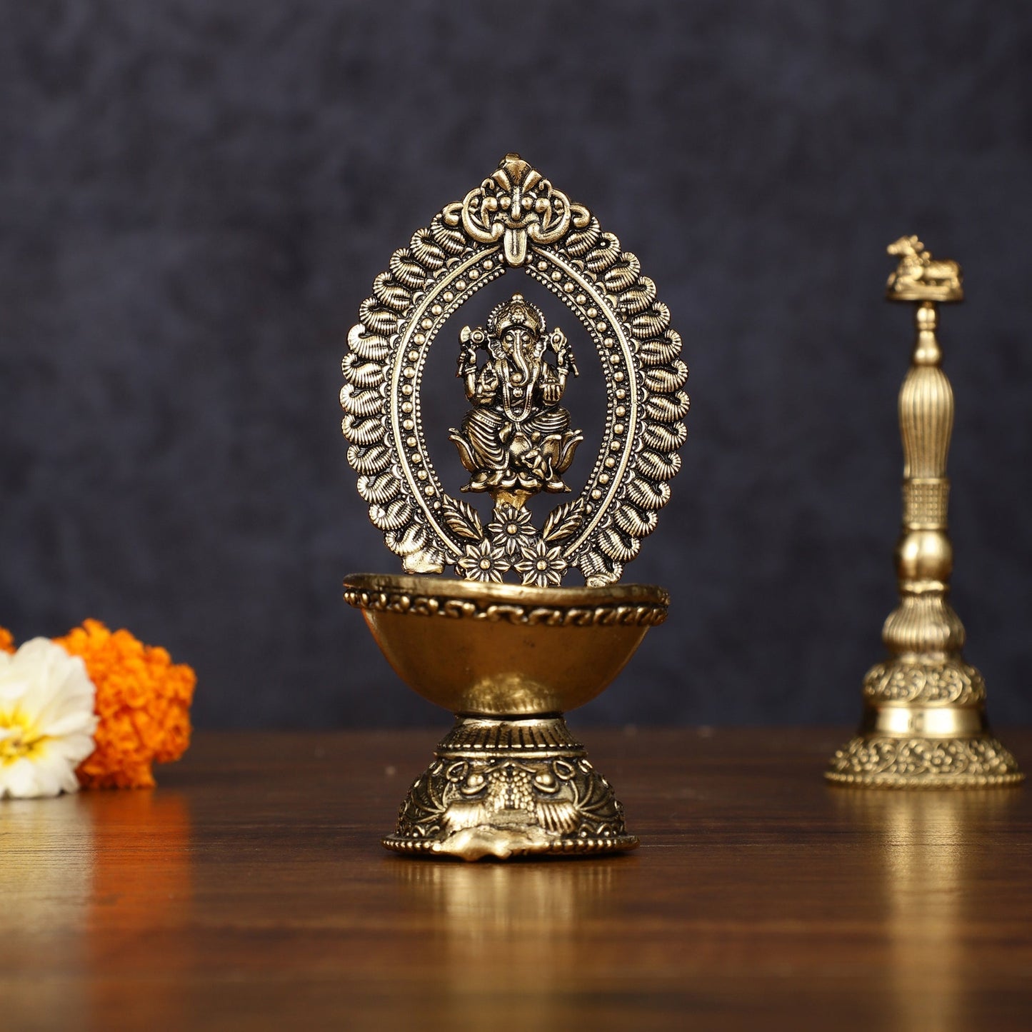 Brass Intricately Carved Ganesha Oil Lamp Diya - 4.5" Tall | 100% Certified Copper & Brass - Sama Homes Idol - Brass Sculpture