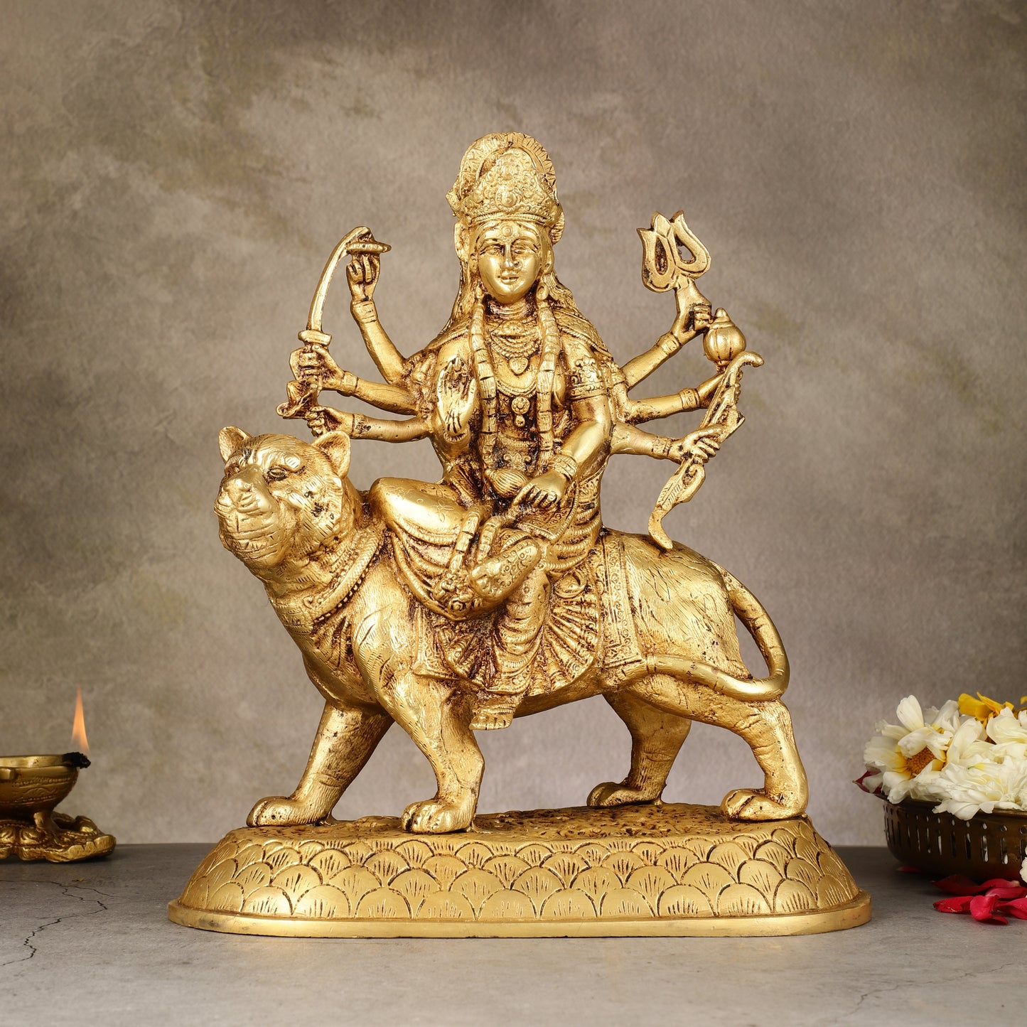 Brass large Goddess Durga sherawali mata murti 12 inch | 100% Certified Copper & Brass - Sama Homes Idol - Brass Sculpture