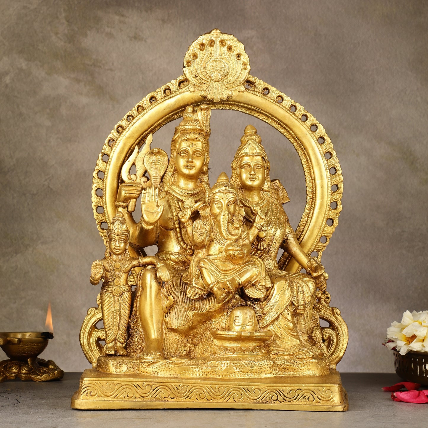 Superfine Brass Shiv Parivar Idol with Frame - 12.5 inch - Sama Homes Idol - Brass Sculpture