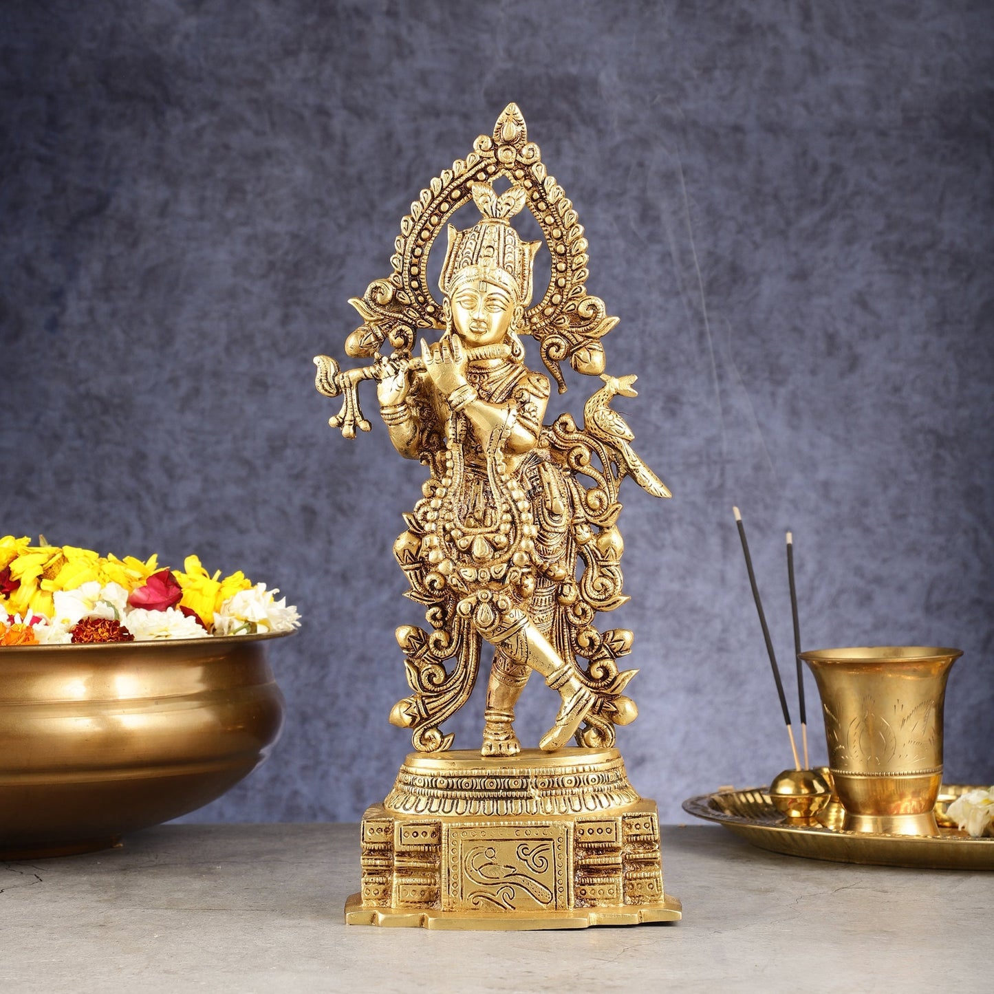Handcrafted Pure Brass Lord Krishna Statue - 13.5 Inch - Sama Homes Idol - Brass Sculpture