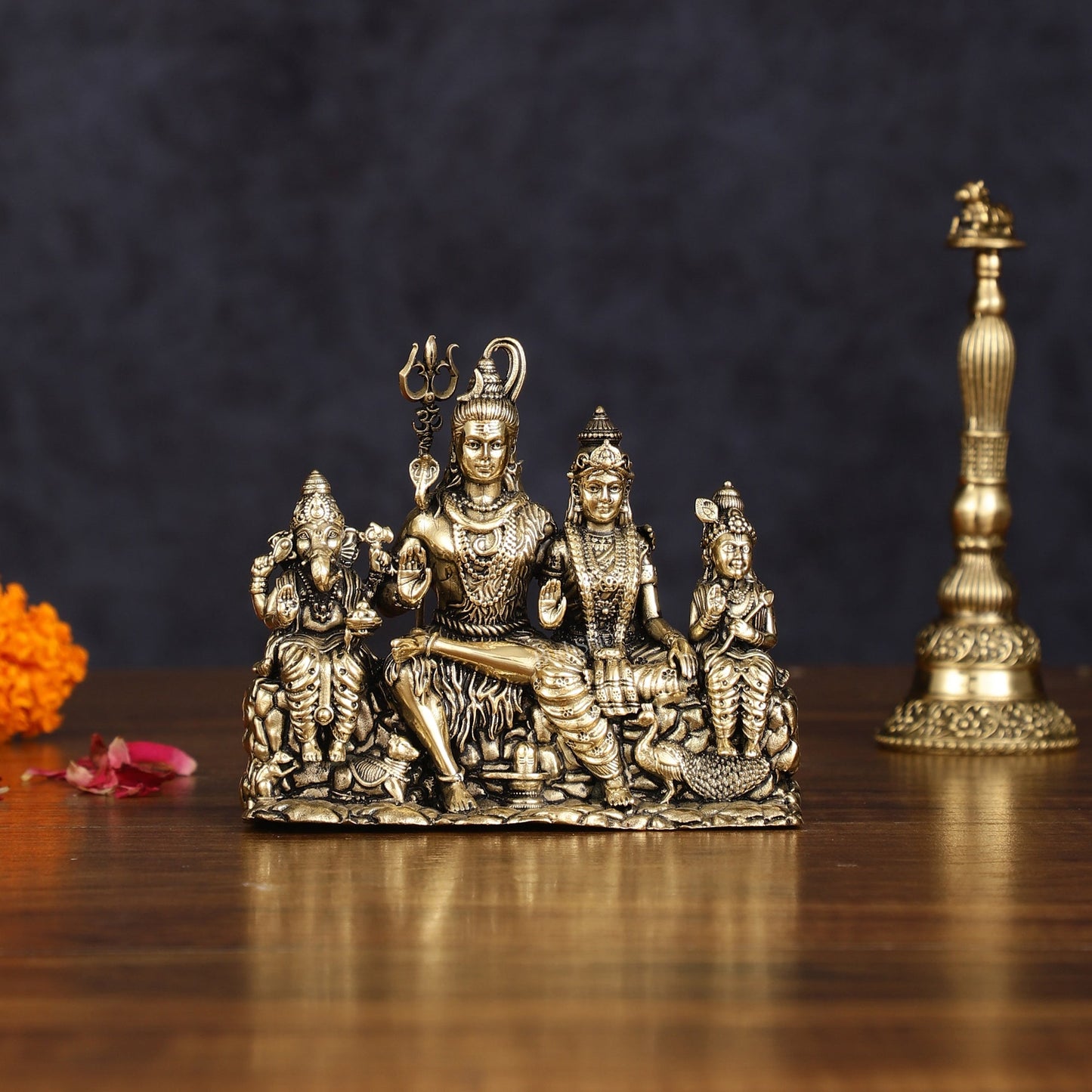 Pure Brass Intricately Carved Complete Shiv Parivar Idol - 3.5" Tall - Sama Homes Idol - Brass Sculpture