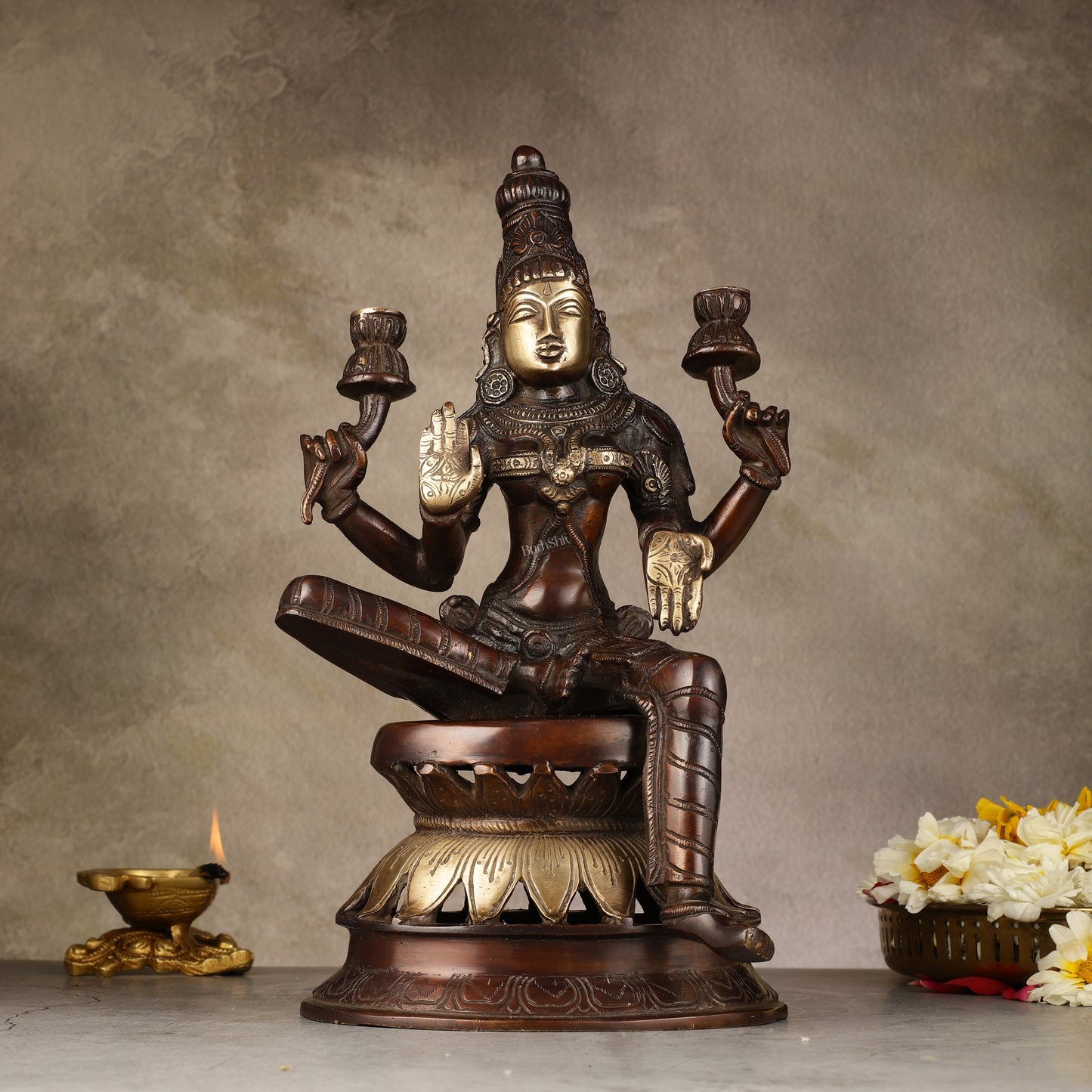 Lakshmi Brass Statue 12 inch antique brown - Sama Homes Idol - Brass Sculpture