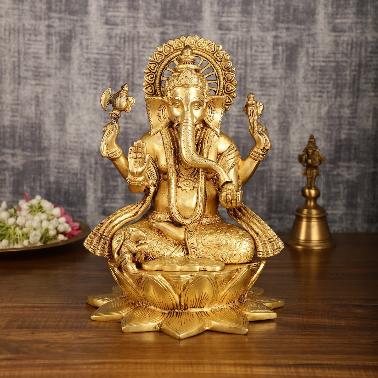 Pure Brass Lord Ganesha on Lotus Base | 11 Inch Height | Elegant Design - Sama Homes Idol - Brass Sculpture