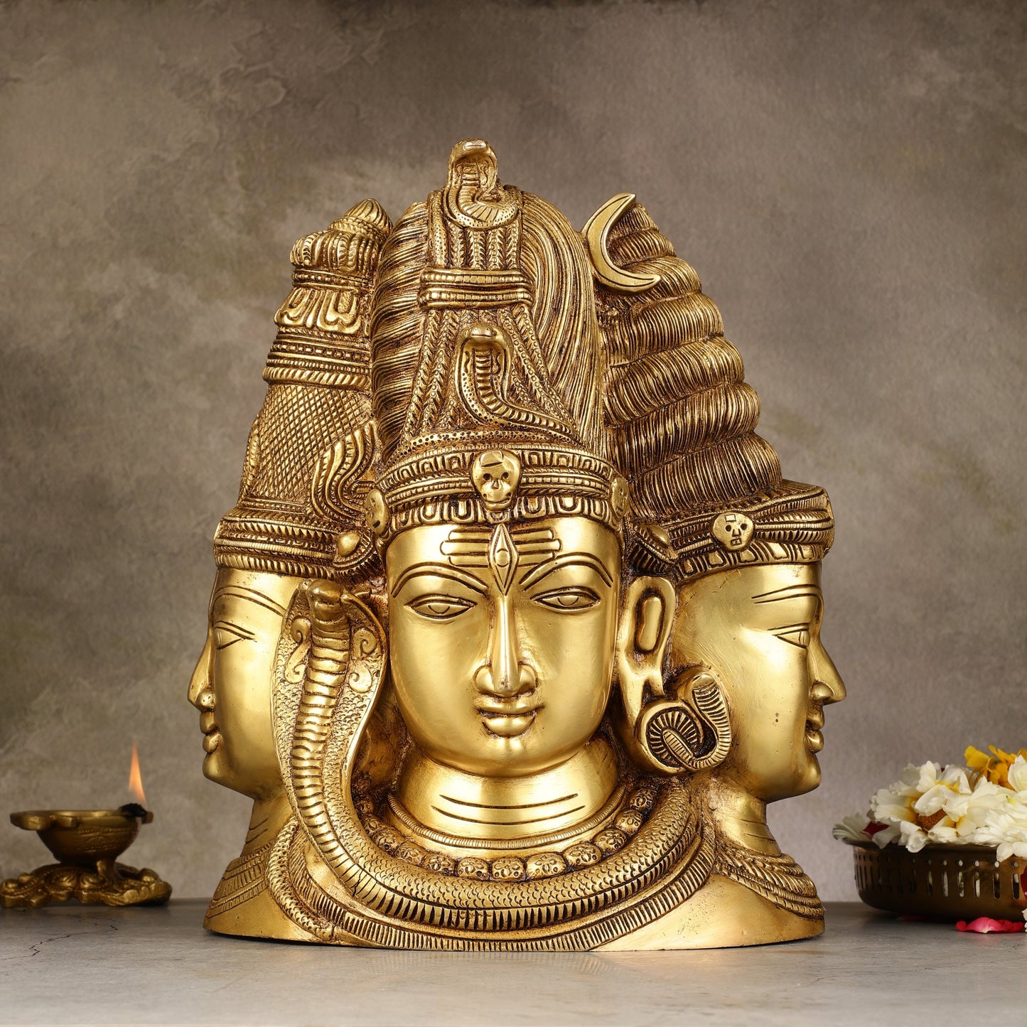 Pure Brass Superfine 4 faced Shiva parvati Mukhalingam - 11" - Sama Homes Idol - Brass Sculpture