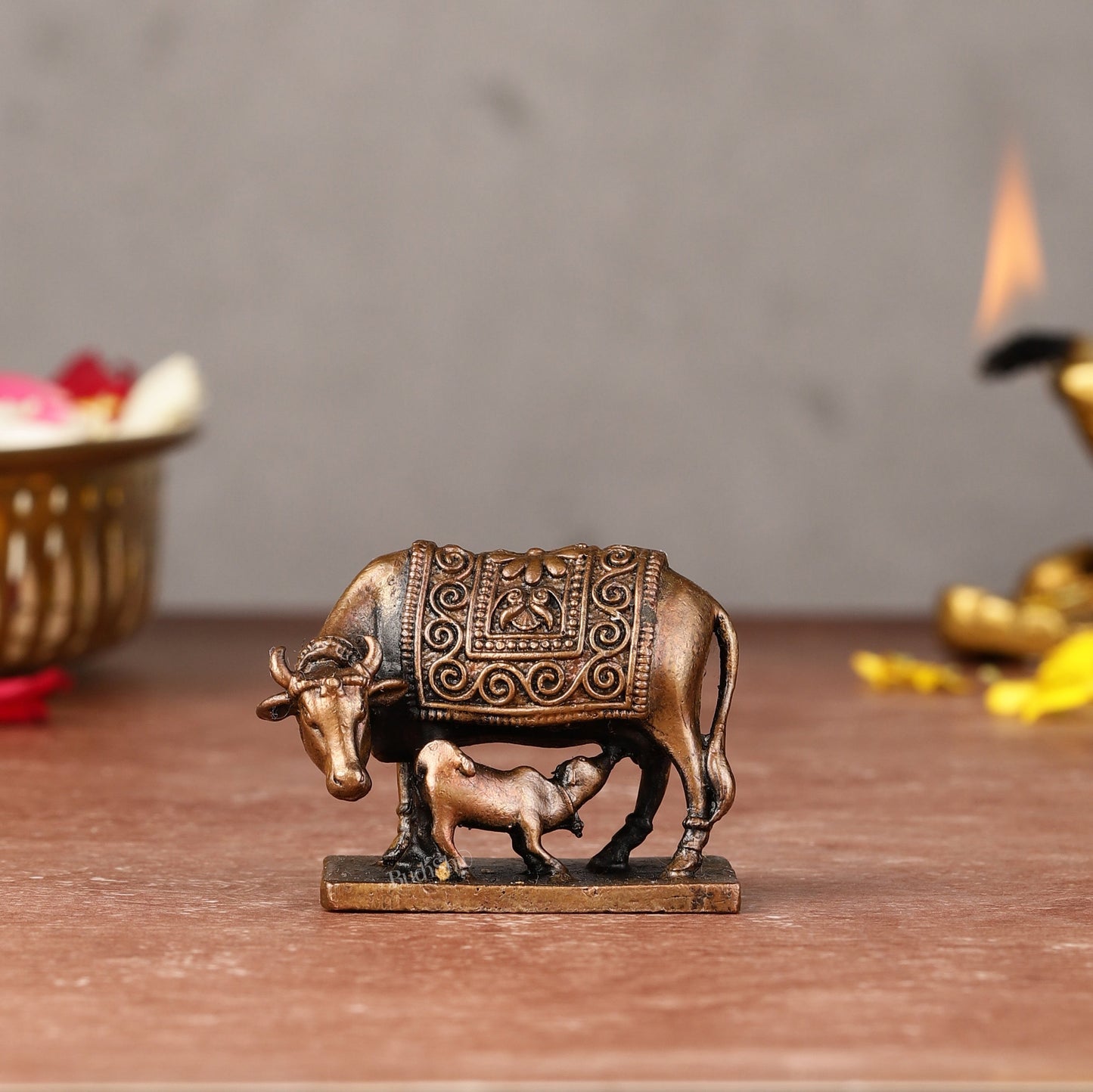Pure Copper Gomatha Kamdhenu Cow with Calf Idol - 2-inch - Sama Homes Idol - Brass Sculpture