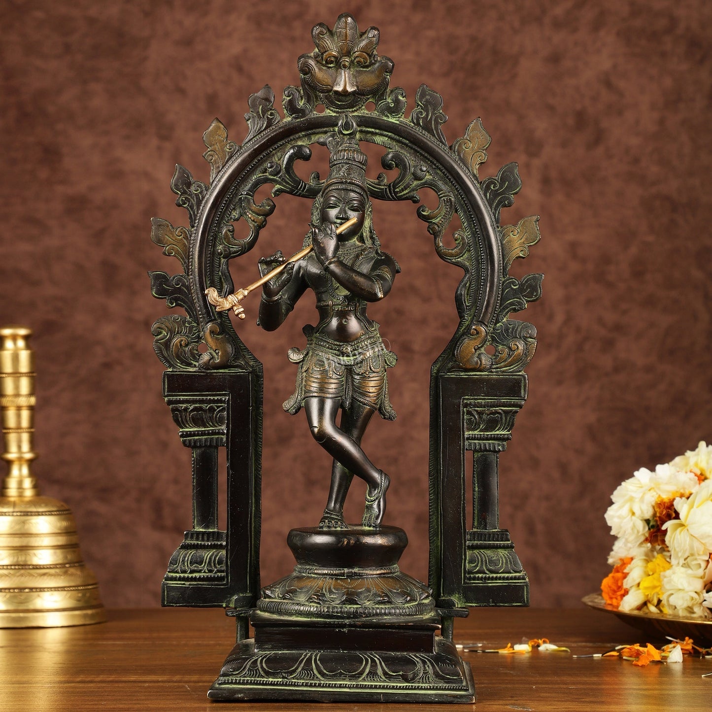 Pure Brass Lord Krishna with Celestial Aura Prabhavali Idol 12.5" - Sama Homes Idol - Brass Sculpture