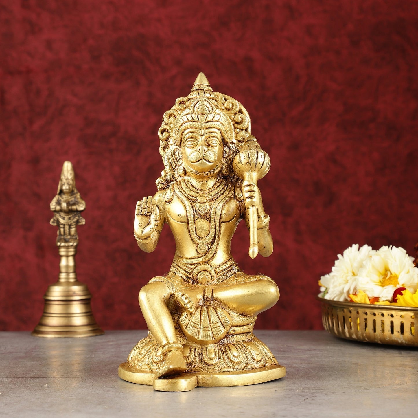Pure Brass Handcrafted lord Hanuman Idol - 8" - Sama Homes Idol - Brass Sculpture
