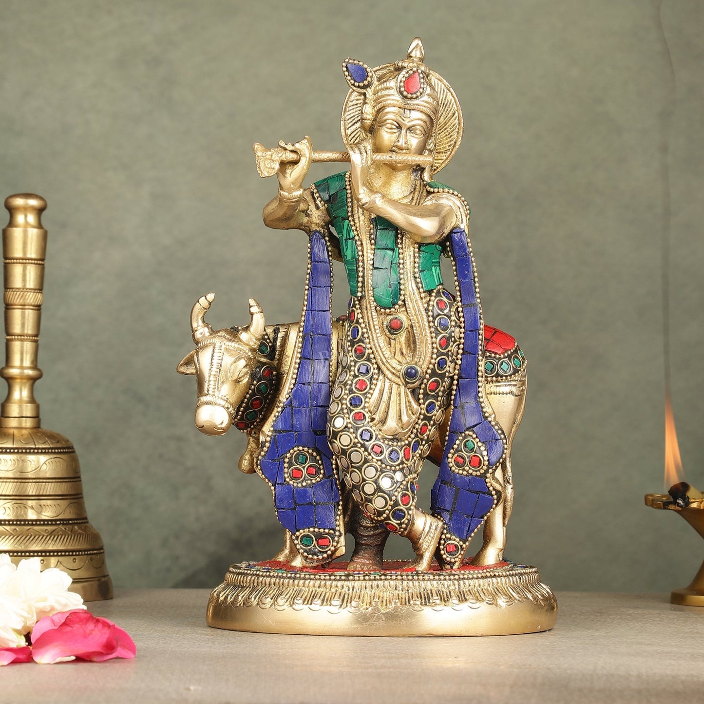 Pure Brass Lord Krishna with Cow Idol | 9.5" - Sama Homes Idol - Brass Sculpture