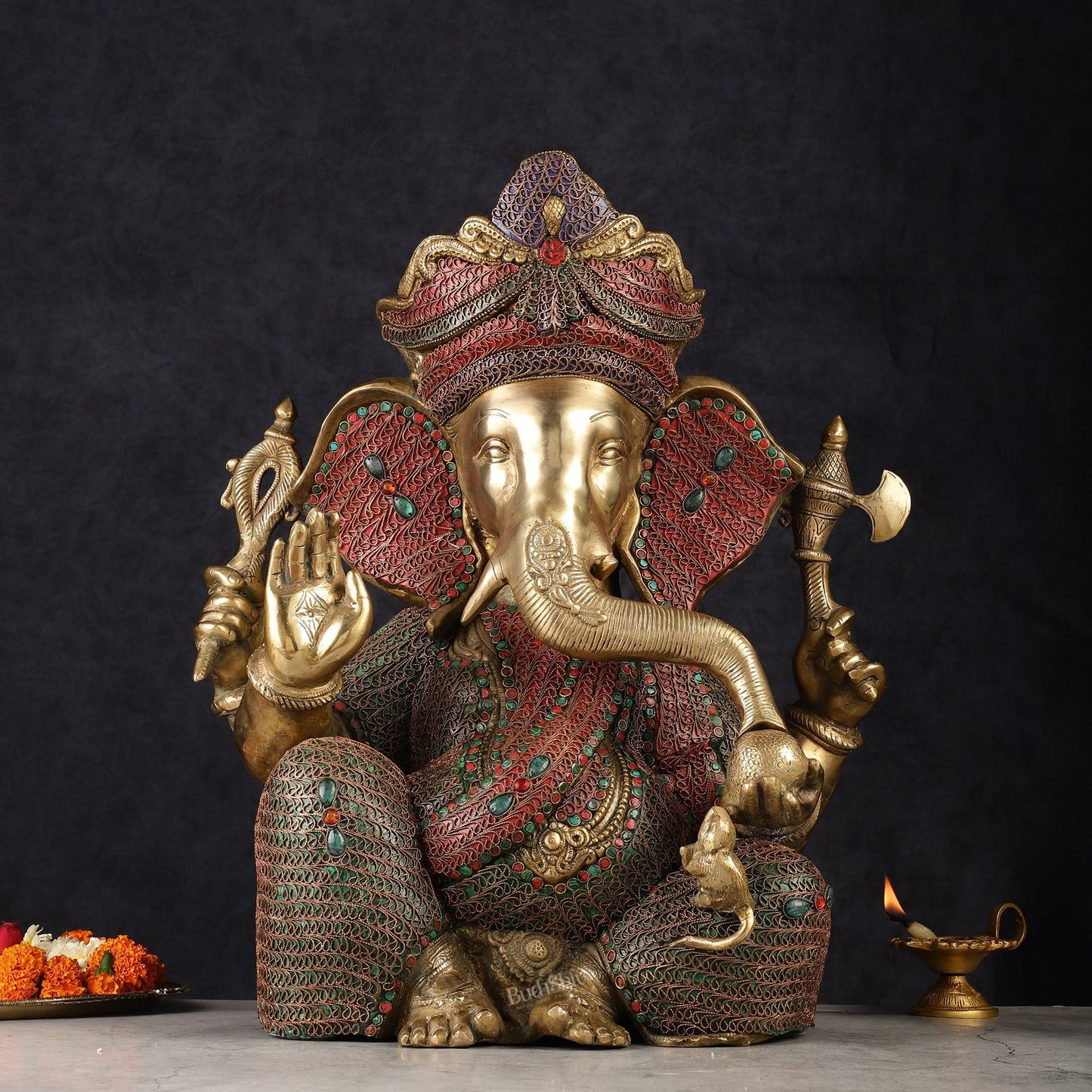 Large 18" Brass Ganesha Statue with Meenakari - Sama Homes Idol - Brass Sculpture