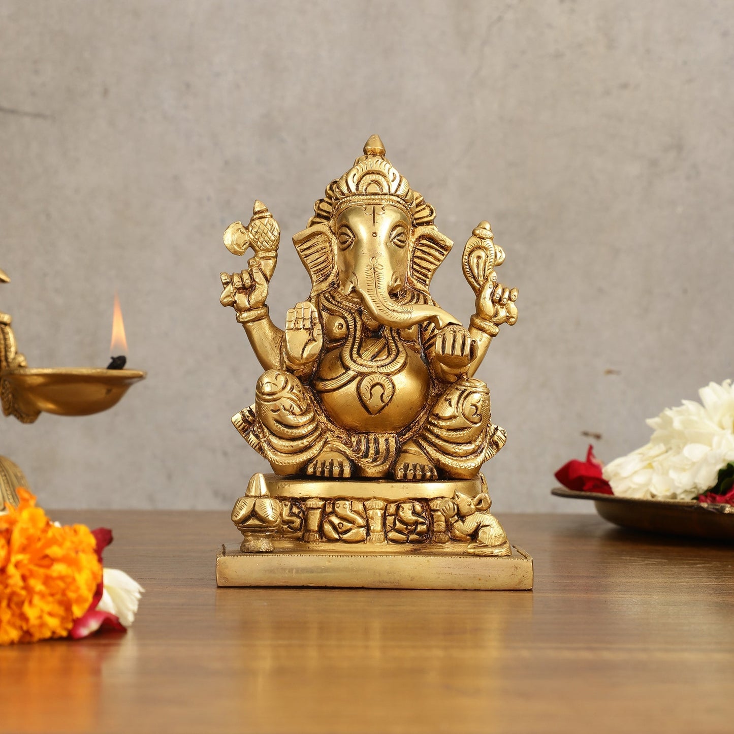 Brass Superfine Lord Ganesha Idol with Ashtavinayaka Carvings - 6.5 Inch - Sama Homes Idol - Brass Sculpture