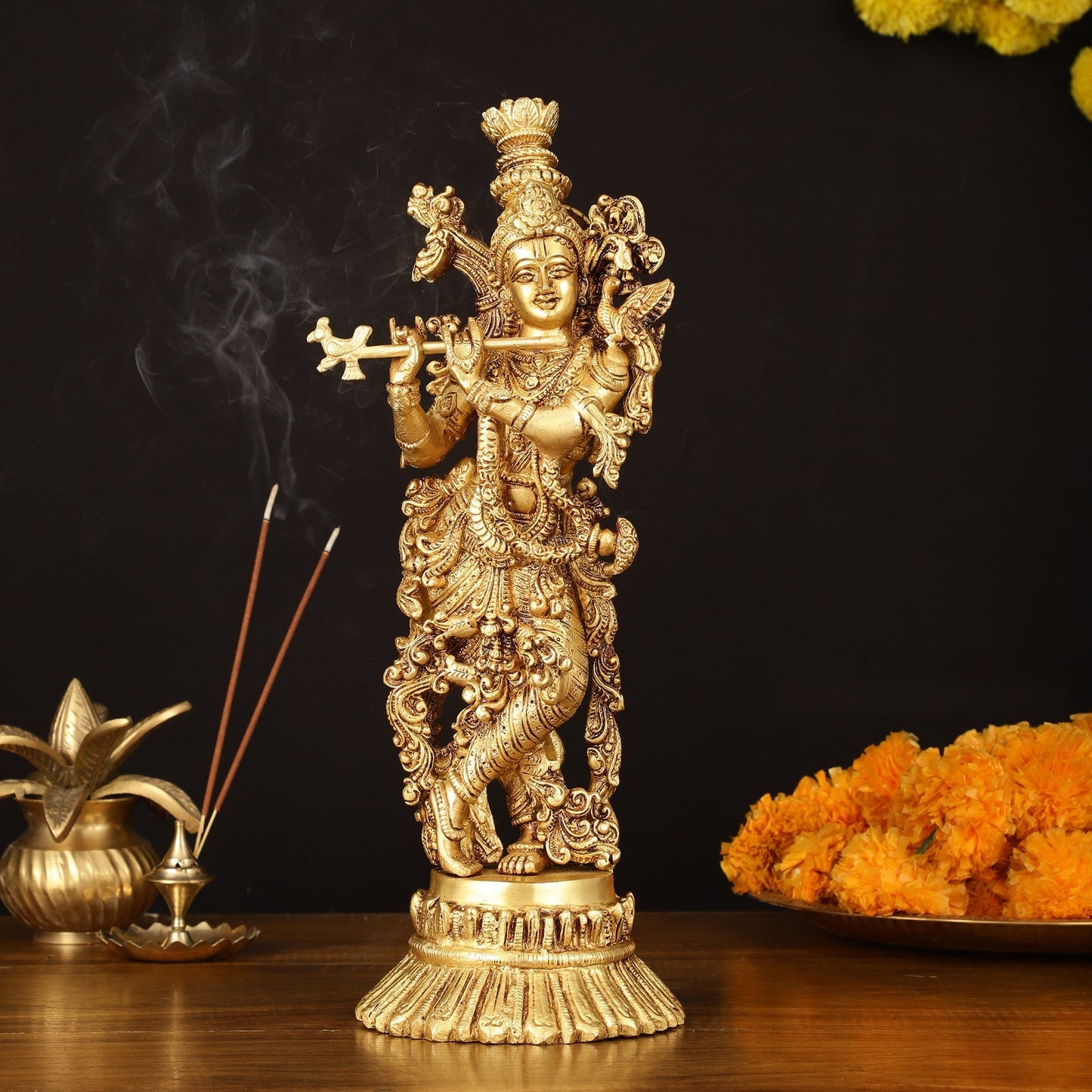 Pure Brass Superfine Krishna Idol on Lotus - 14" Elegant Sculpture - Sama Homes Idol - Brass Sculpture