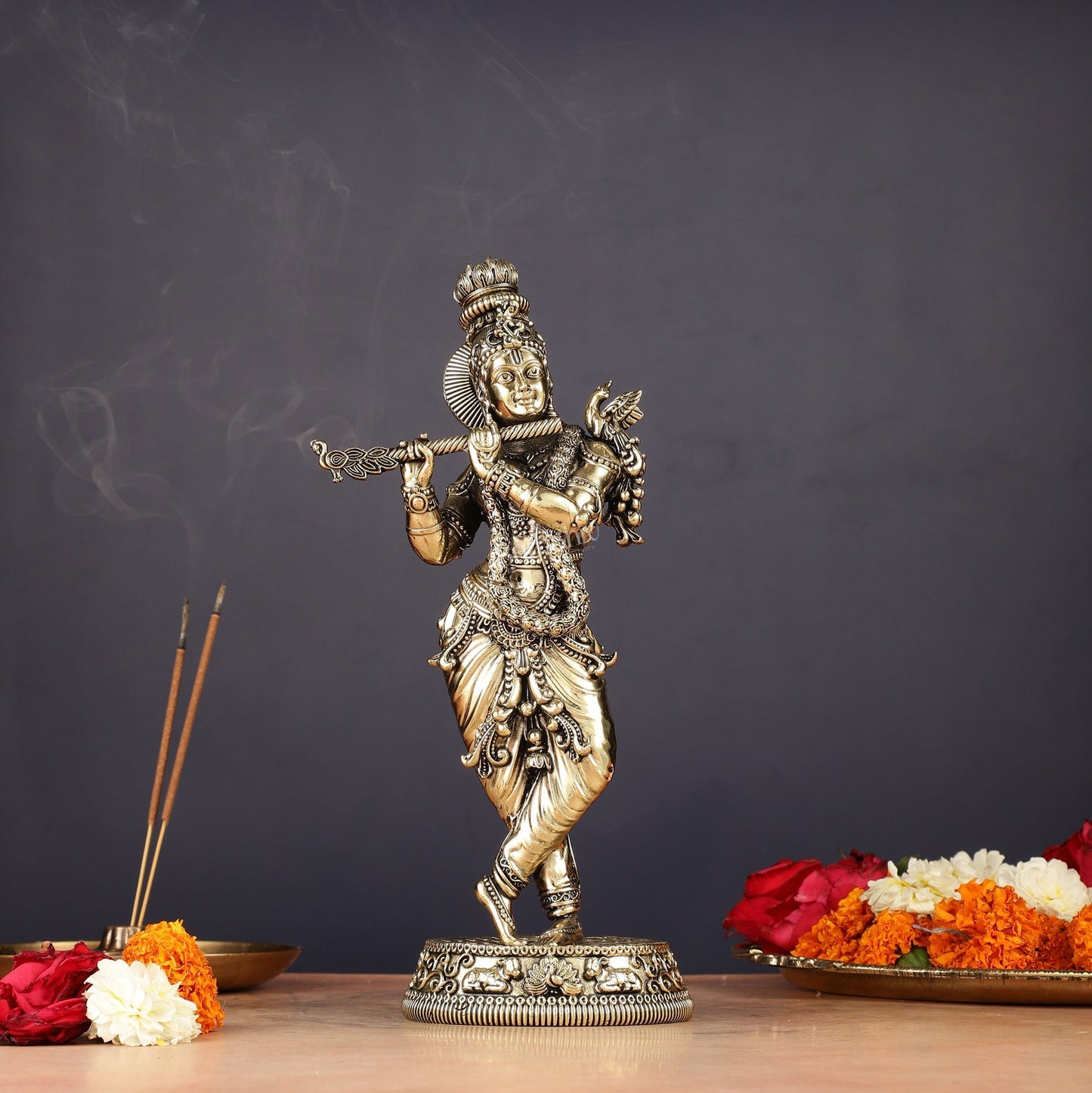 Brass handcrafted Lord Krishna Intricate Idol 10 inch | 100% Certified Copper & Brass - Sama Homes Idol - Brass Sculpture