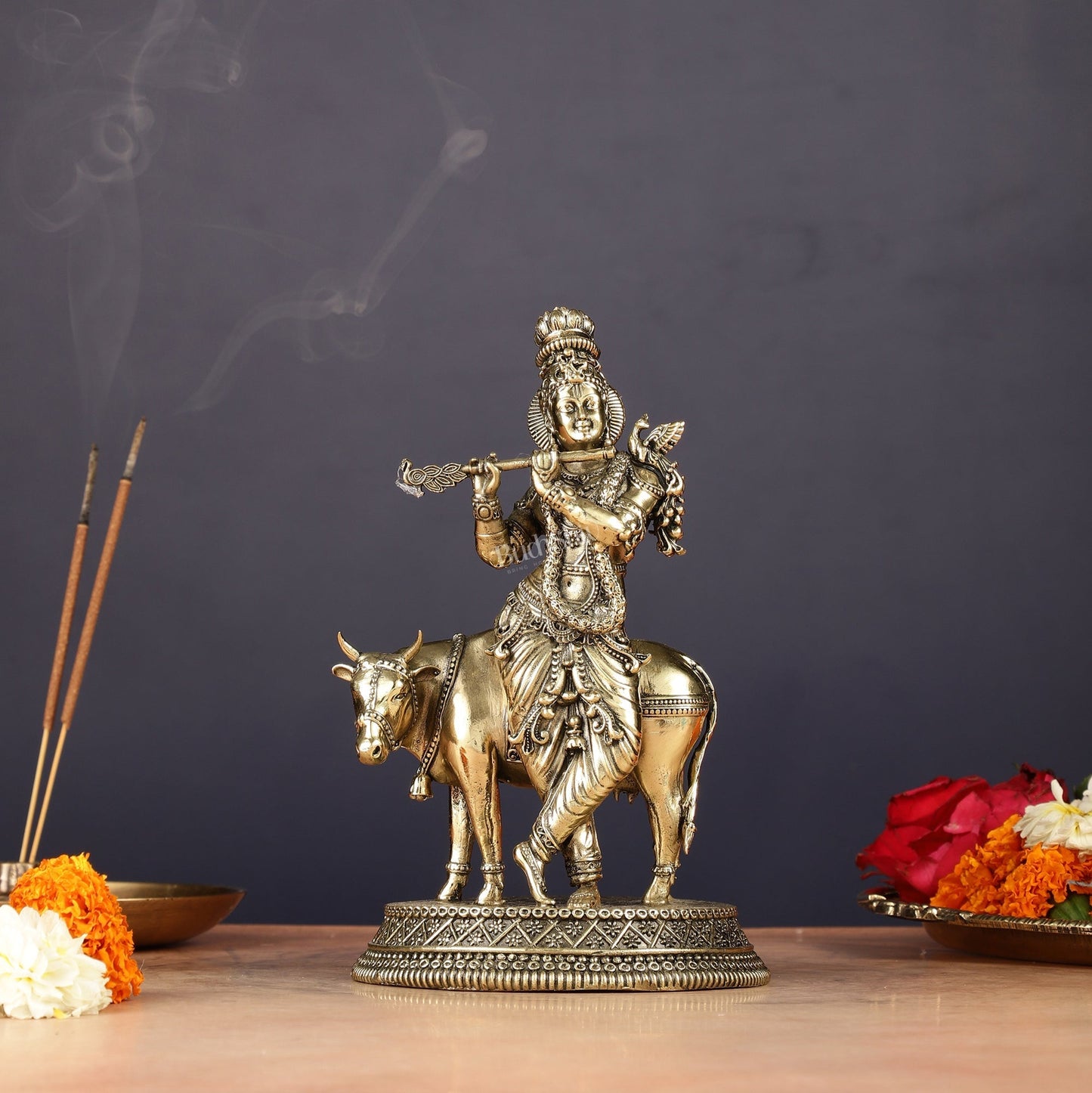 Superfine Brass Intricate Krishna with Cow idol - 7" - Sama Homes Idol - Brass Sculpture